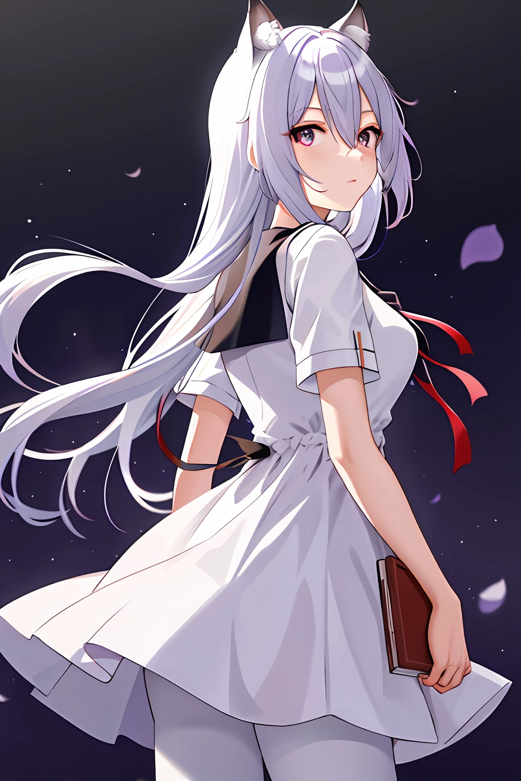 tmasterpiece，Best quality at best，highr，kei1，1girll，独奏，Purple-eyed，long whitr hair，white dresses，short- sleeved，Ribbons，By bangs，鎖骨，White color hair，white  skirt，hair adornments，black hair band，black pantyhoses，Neck strap，hair between eye，mediuml breasts，Sailor collar，from back，exteriors，ventania，pantiess，cat ear，book