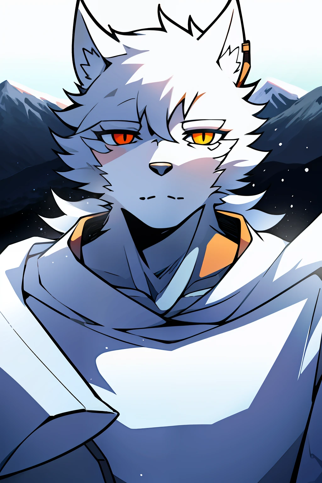 snow mountains，nevando，solo person，White body，White ears，White hair，Overall white，Orange-yellow eyes，Wolf tail，Wolf orcs，young，Wearing a down jacket，Ultra-clear screen，Soft lines
