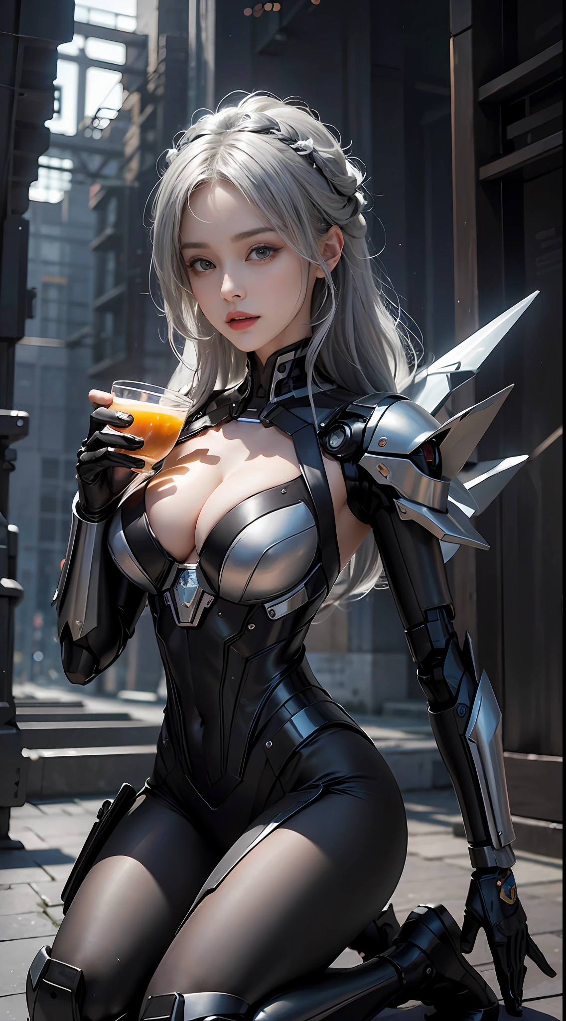 ((tmasterpiece,best qualtiy)),illustratio,Ultra-detailed 8K,Photorealsitic,Clear focus,A highly detailed,Professional lighting,Colorful detailed,A beautiful woman,perfect bodies,face perfect,cleavage,Silvery-white hair,holding an airplane cup in her hand:1.3,Kneeling pose:1.1,Black color mecha:1.1,Realisticstyle