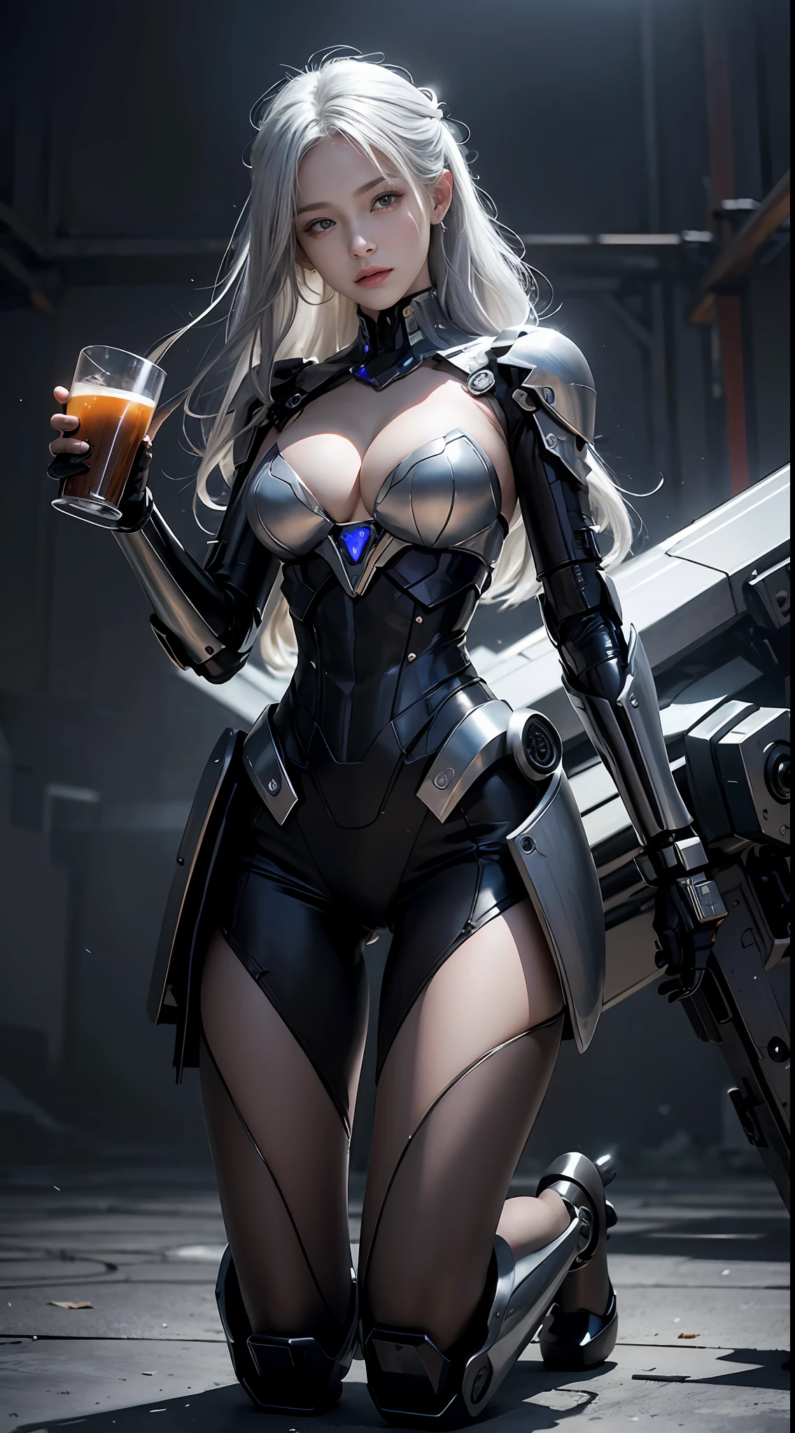 ((tmasterpiece,best qualtiy)),illustratio,Ultra-detailed 8K,Photorealsitic,Clear focus,A highly detailed,Professional lighting,Colorful detailed,A beautiful woman,perfect bodies,face perfect,cleavage,Silvery-white hair,holding an airplane cup in her hand:1.3,Kneeling pose:1.1,Black color mecha:1.1,Realisticstyle