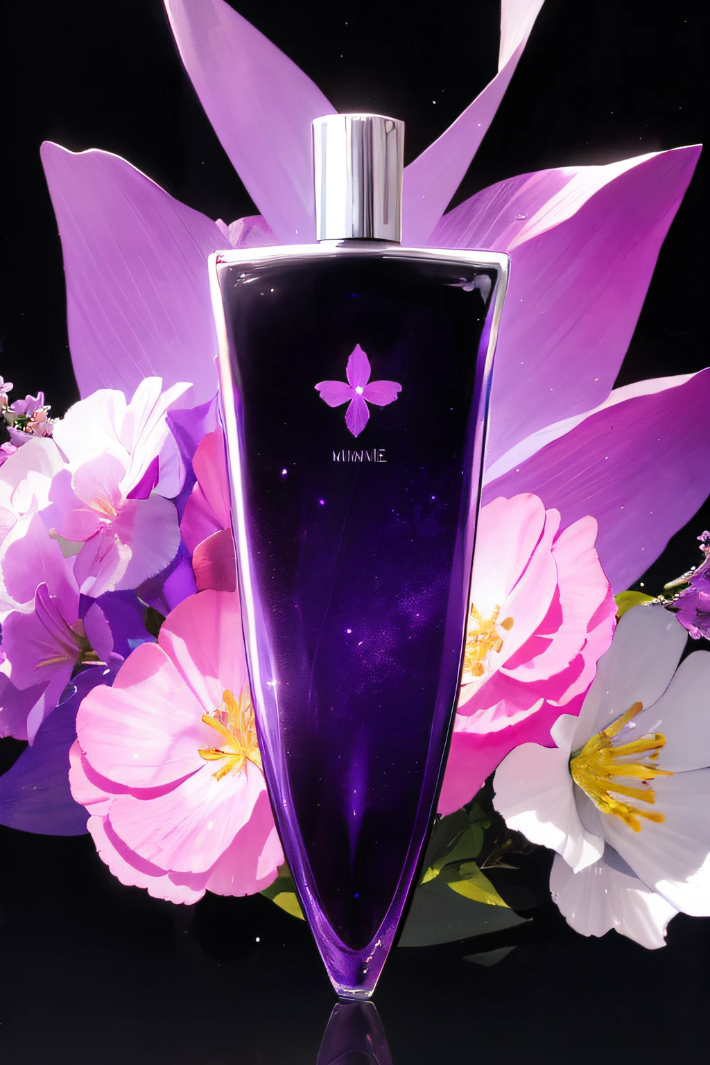no human, perfume bottle, pink flowers, the universe, purple theme, black background
