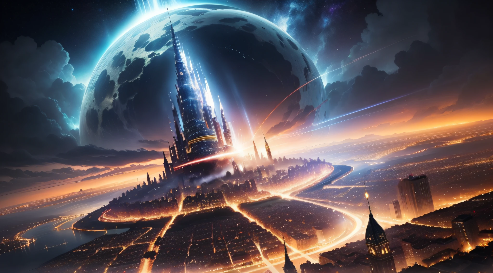 64k、top-quality、Video size、Reverent light emanating from the sky and falling on the city、Light made of soft and carid fire、Golden fire over the city、magia、Fantasia、digitalart、De Beer Art、wide scene、City sky、Um ser celestial、Heavenly Light、holy、White and light blue