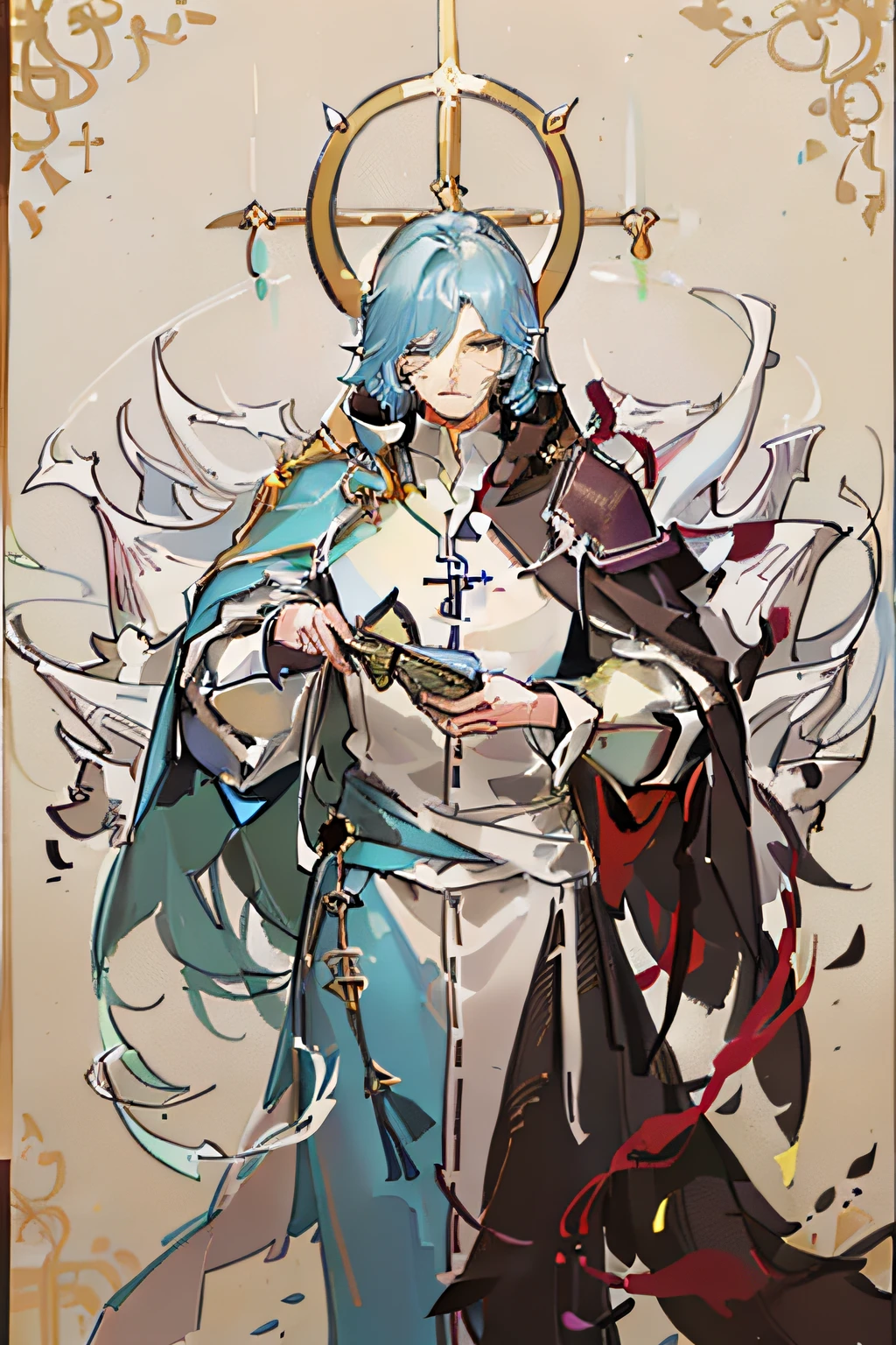 whaite hair，Strong males，Pope，opulent，Thin，defiance，haughty，年轻，Handheld magic weapon，Magic Swordsman，pope，The upper part of the body，best qualtiy，