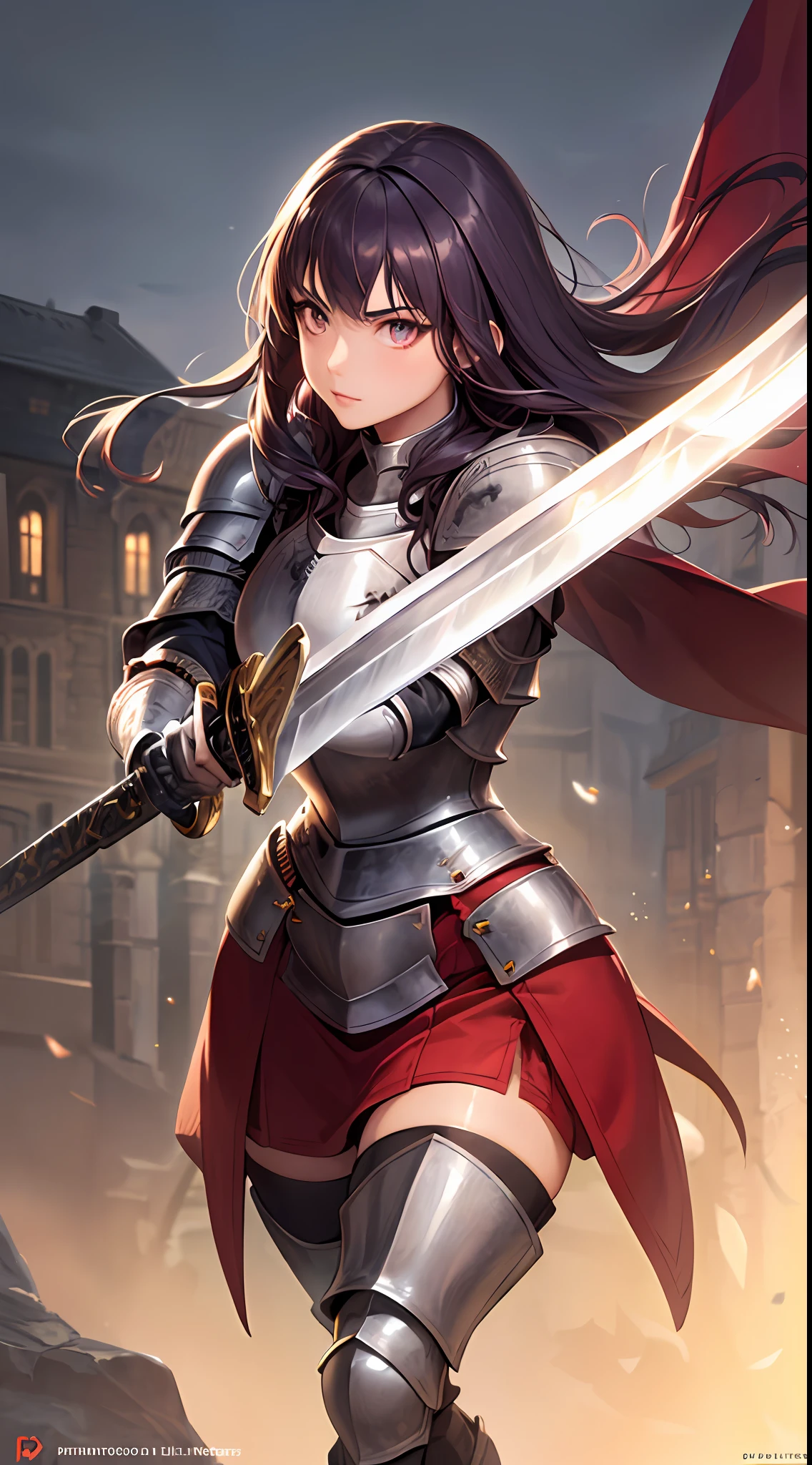 1girl, solo, armored boots, black stocking, red skirt, masterpiece, best quality, realistic, hyper-detailed, (shiny skin:1.4), absurd, looking at viewer, long purple hair, blunt bang hairstyle, red calm eyes, demon horn, slender, dynamic lighting, high resolution, sharp focus, depth of field, (detailed eyes: 1.8), sharp pupils, realistic pupils, (armored knight:1.6), breast plate, wearing cape, armlet, (holding sword:1.6), knight, outdoor, sky