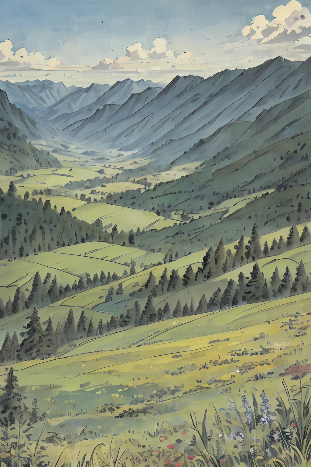 landscape,View from the mountains,There are meadows and forests at the bottom of the mountain,