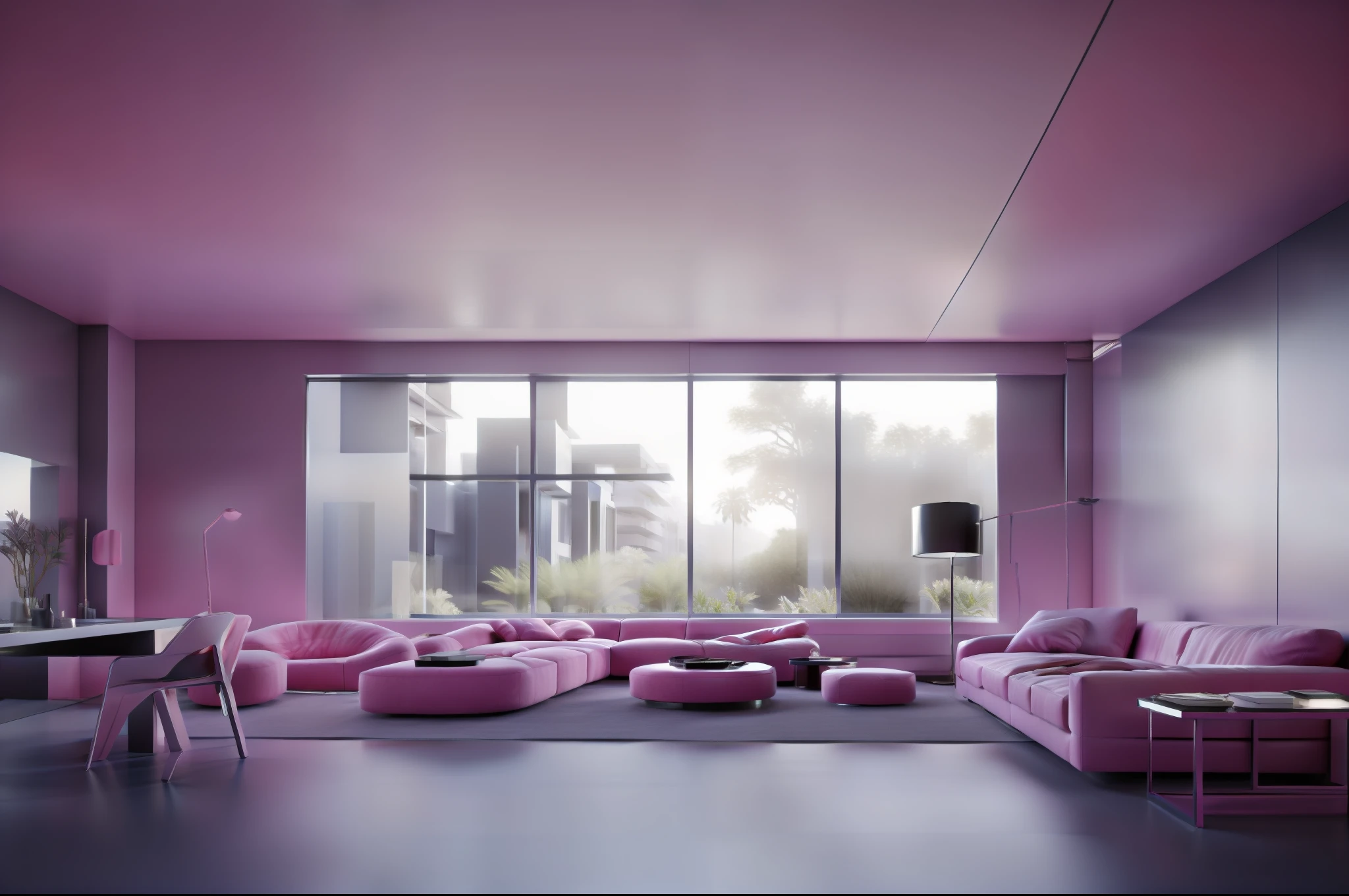 liveroom，Wide-angle panorama，inside in room，Very detailed wide angle architectural photography，Comfortable futuristic living room，the night，Bright indoor，Tech panel screens and glass，floor to ceiling window，Cyberpunk city background outside the window，desks，a chair，inside in room，wooden floor，janelas，dining room，metal gate，Strip light，Outside the window there are spaceships and floating cars，Neon signs and billboards on the street，