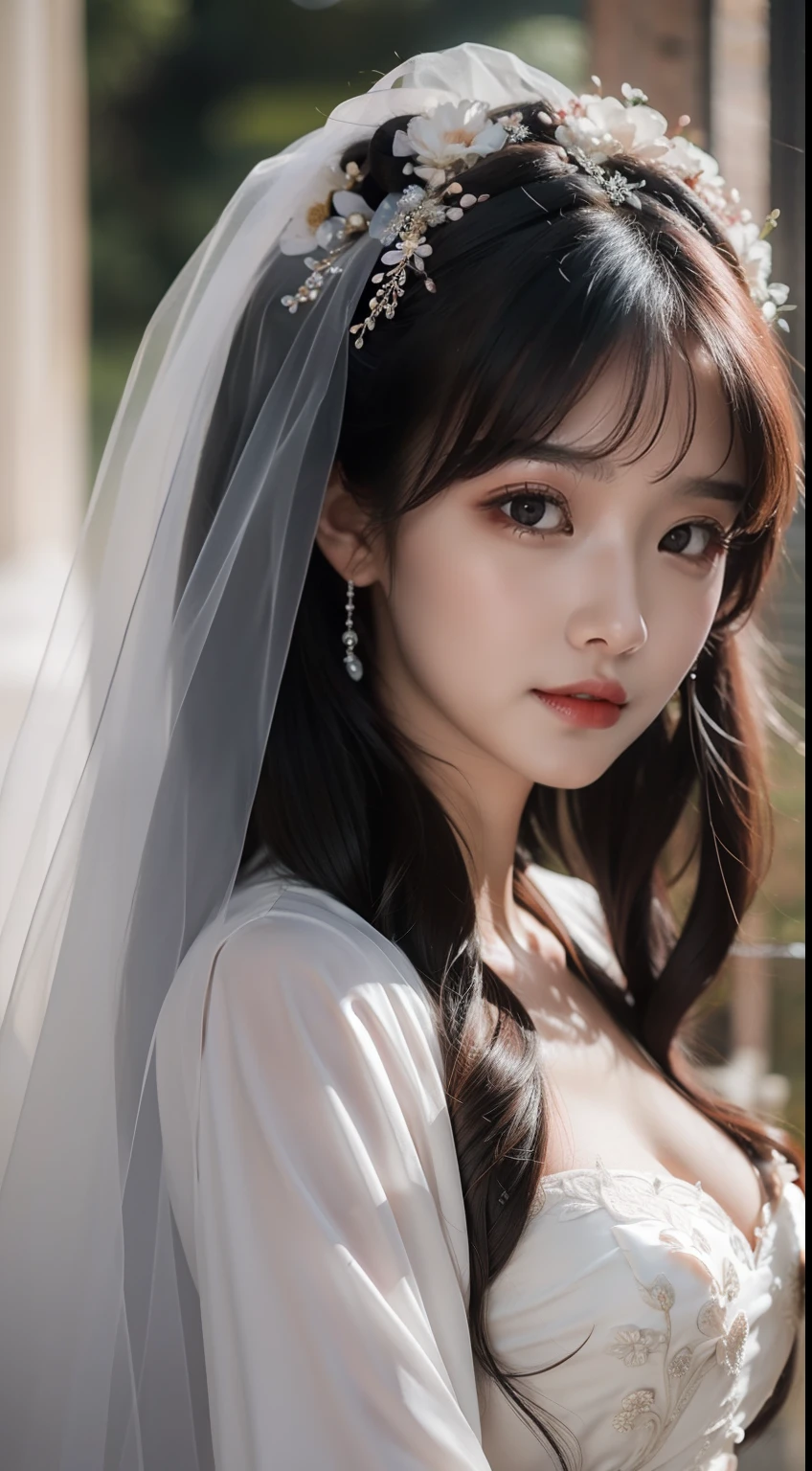 Beautiful bride, red wedding dress, delicate facial features close-up, shy, waiting to be married, fat body, full body photo, gentle eyes, no eye bags, light makeup
