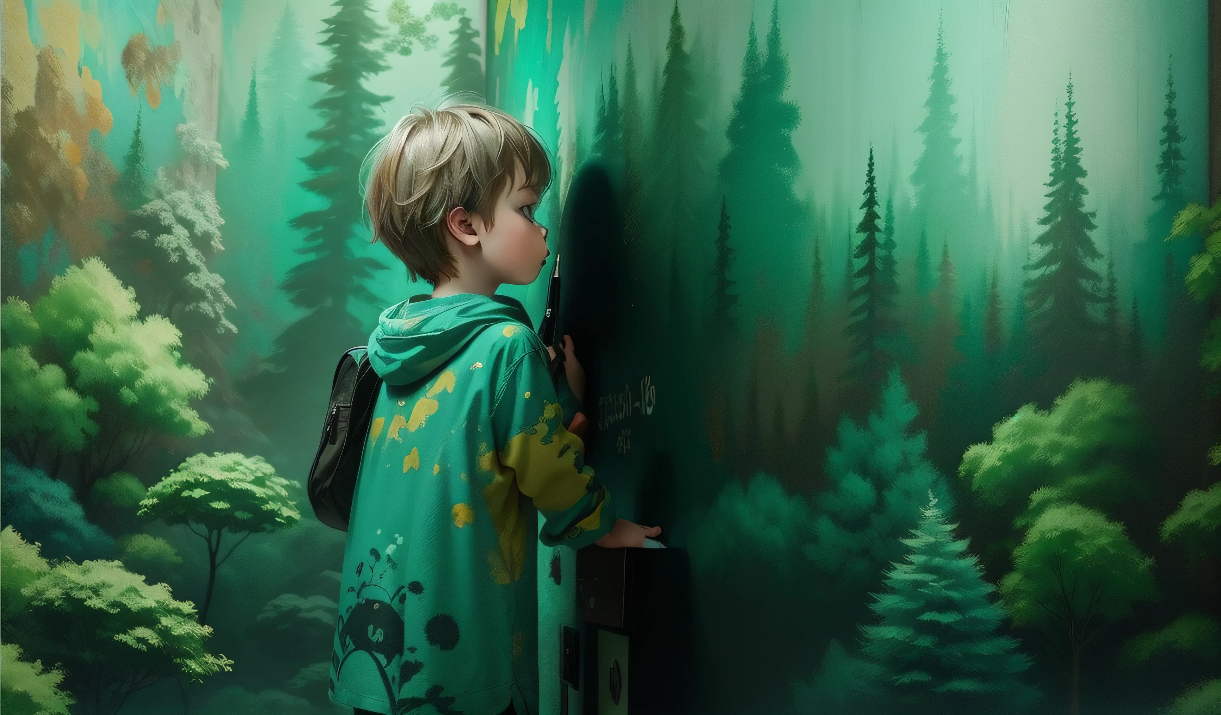 graffiti forest scenery on room wall,Place yourself in the color of the walls with doodles,Perfection blends in with painting。