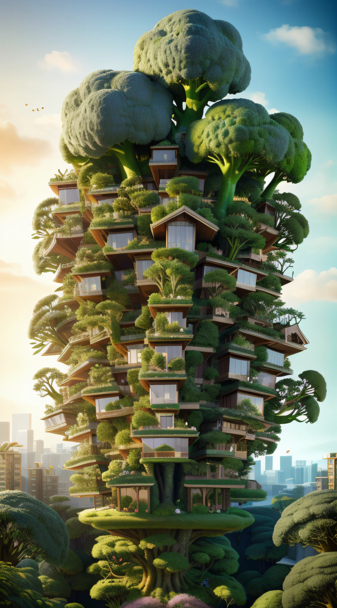 There is a house in the middle of a giant broccoli， , tree town, Animated Movies, hentail realism, highly detailed surreal vfx, tv commercial, bonsai tree house, tree house, Global illumination. vfx, Realiy