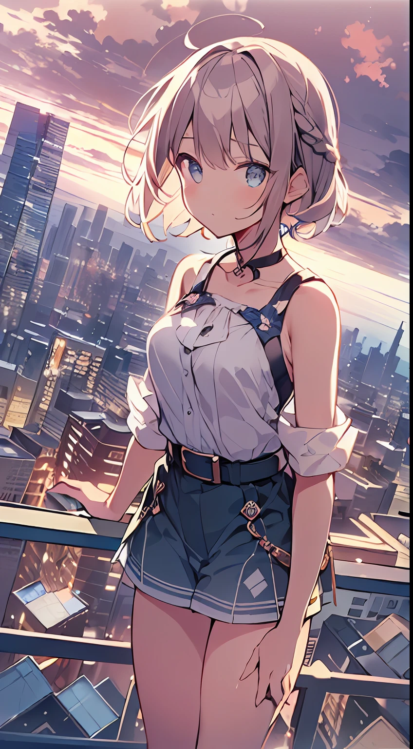 masutepiece, Best Quality,Illustration, Wallpaper, Ultra Detail, absurderes, 1loli, Solo, (Medium short hair、short braided hair), Beautiful detailed eyes , (Street), luminous sky,(a panoramic view:1.3),(Sense of depth:1.5),(longshot:1.3)