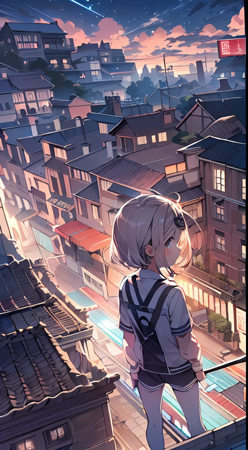 masutepiece, Best Quality,Illustration, Wallpaper, Ultra Detail, absurderes, 1****, Solo, (Medium short hair、short braided hair), Beautiful detailed eyes , (Street), luminous sky,(a panoramic view:1.3),(Sense of depth:1.5),(longshot:1.3)