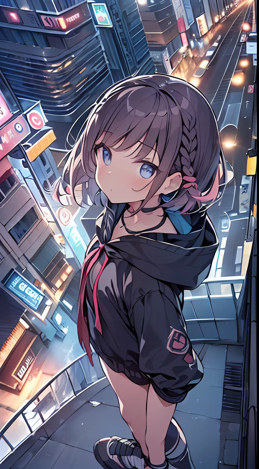 masutepiece, Best Quality,Illustration, Wallpaper, Ultra Detail, absurderes, 1loli, Solo, (Medium short hair、short braided hair), Beautiful detailed eyes , (Street), luminous sky,(a panoramic view:1.3),(Sense of depth:1.5),(longshot:1.3)