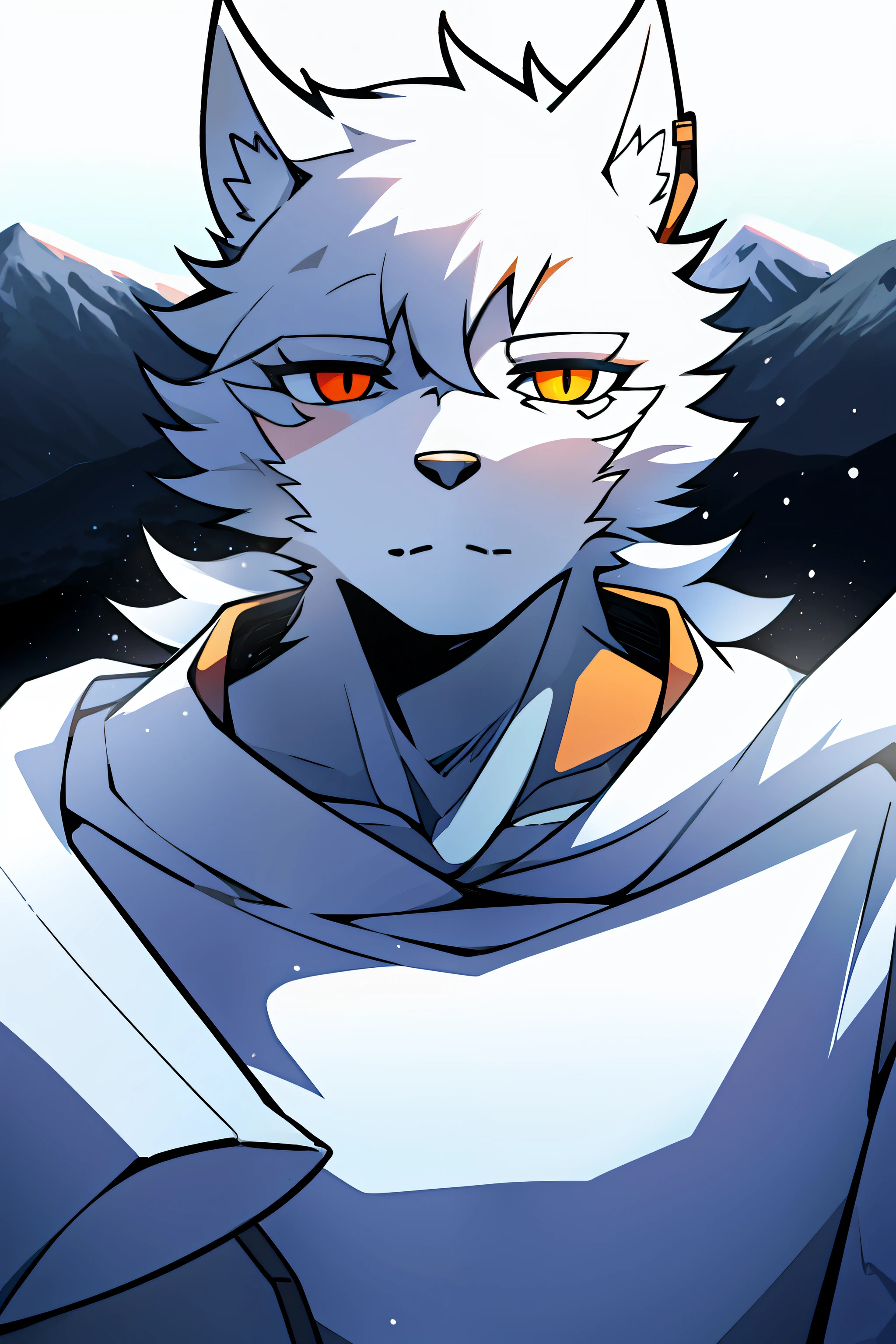 snow mountains，nevando，solo person，White body，White ears，White hair，Overall white，Orange-yellow eyes，Wolf tail，Wolf orcs，young，Wearing a down jacket，Ultra-clear screen，Soft lines