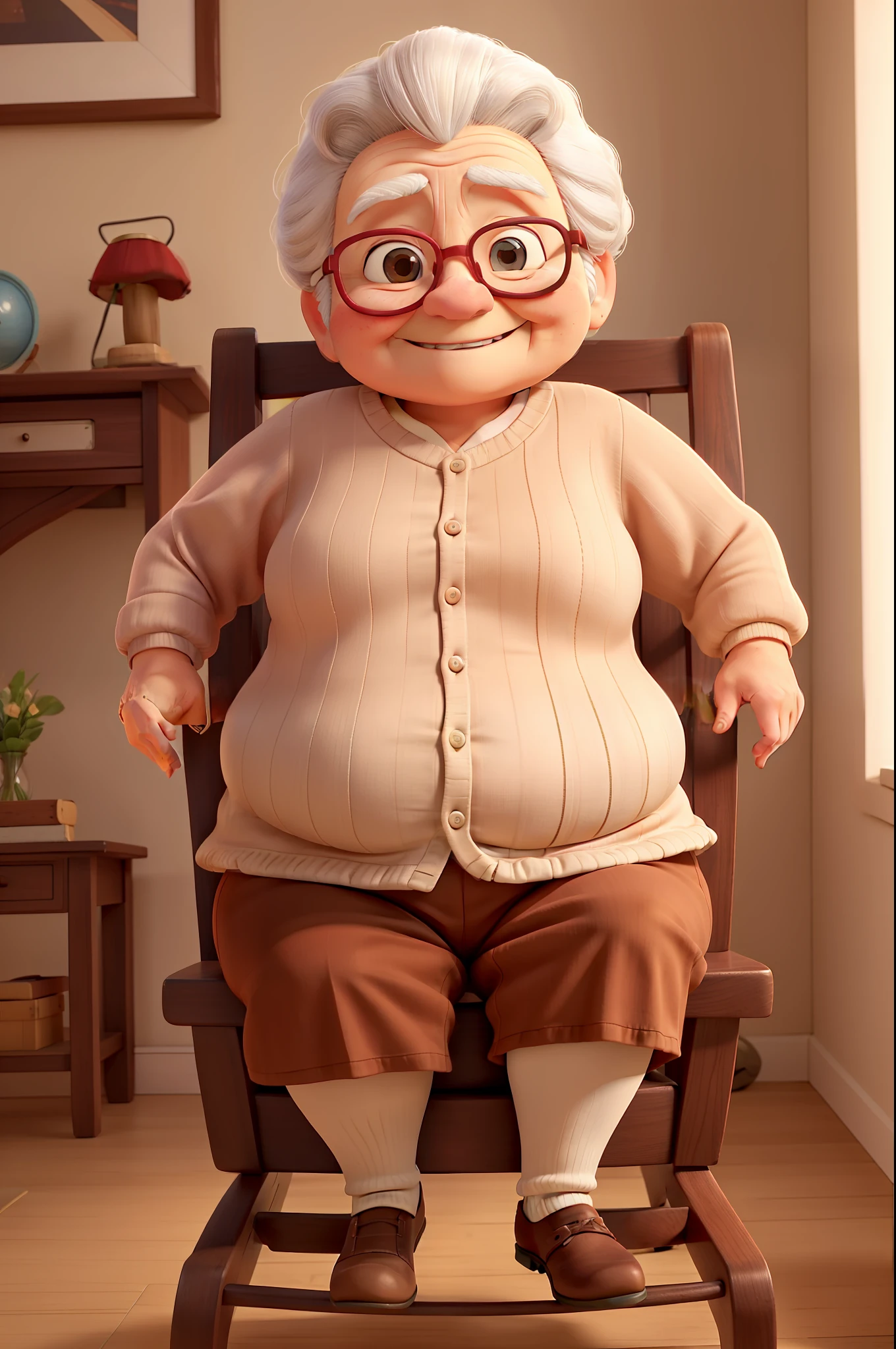 An old woman in a plain shirt and red sweater sits in a rocking chair,Full body photo,Happy smile,Fat Chubby,kind,tmasterpiece
