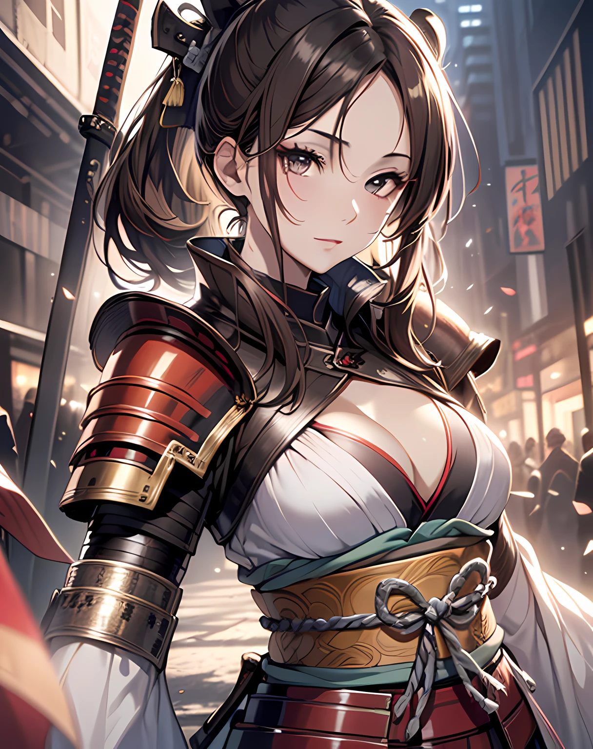 photo realistic, anime style, (8k, RAW photo, best quality, masterpiece:1.2), High detail RAW color photo, professional photograph, cowboy shot, (realistic, photo realistic:1.37),cinematic light, (finery detailed face:1.2), cowboy shot, thigh 1 girl, 18-28 years old, very cute, very beautiful, photo realistic, event companion, BREAK, white skin, real human skin, (detailed face), oval face, pores, ultra high res, BREAK, slim, (medium-large-breast:1.37, cleavage:1.37), (looking straight at viewer with a serene and goddess-like happiness:1.2), (lifter gloss, eyelashes, gloss-face, best quality, ultra highres, Broad lighting, natural shading), (beautiful thin long hair, pony-tail:1.3, brown hair),, BREAK, 1 woman, elegant beauty, radiant skin, (Maeda Keiji costume:1.3), (warring-states-era:1.4), solo, (eccentric-fashion:1.2), (tiger-pattern-accent:1.3) (samurai-armor:1.5), detailed traditional clothing, (style-sengoku:1.3), detailed face expression, (style-dynamic:0.8),
standing pose, holding katana, determined expression, (background: battlefield), (style-battle-ready:0.9), historical atmosphere, armor details, detailed background, (style-wafuku:0.9), powerful aura,