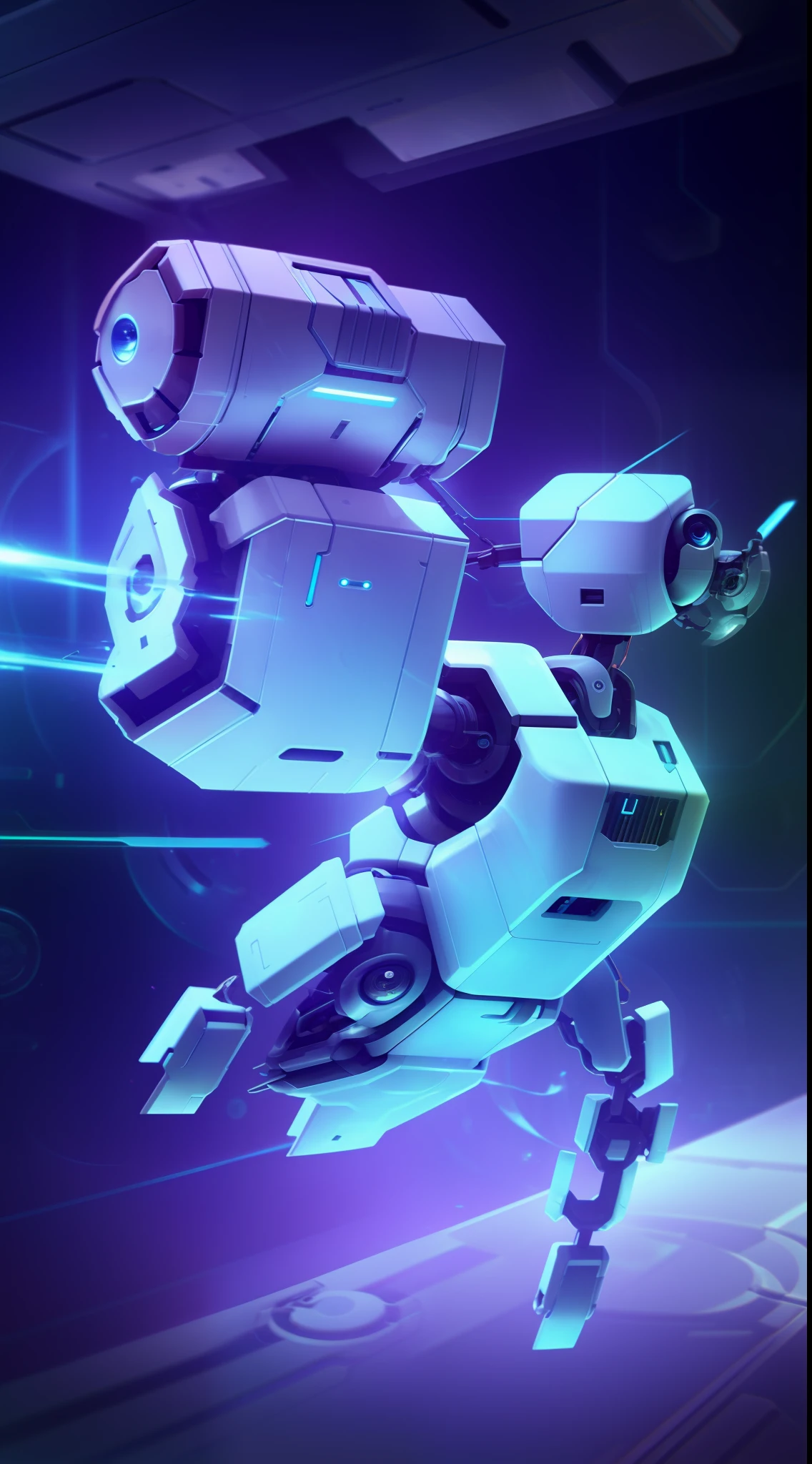 A robot is flying over a futuristic object on a blue background, strong artificial intelligence, with ai theme, 2 d illustration, 2D illustration, digital 2d animation, endless collaboration with ai, humanoid robots, droid, integrated synthetic android, robotic enhancements, Artificial intelligence, digital 2d illustration, Beautiful robot character design, futuristic nft card game