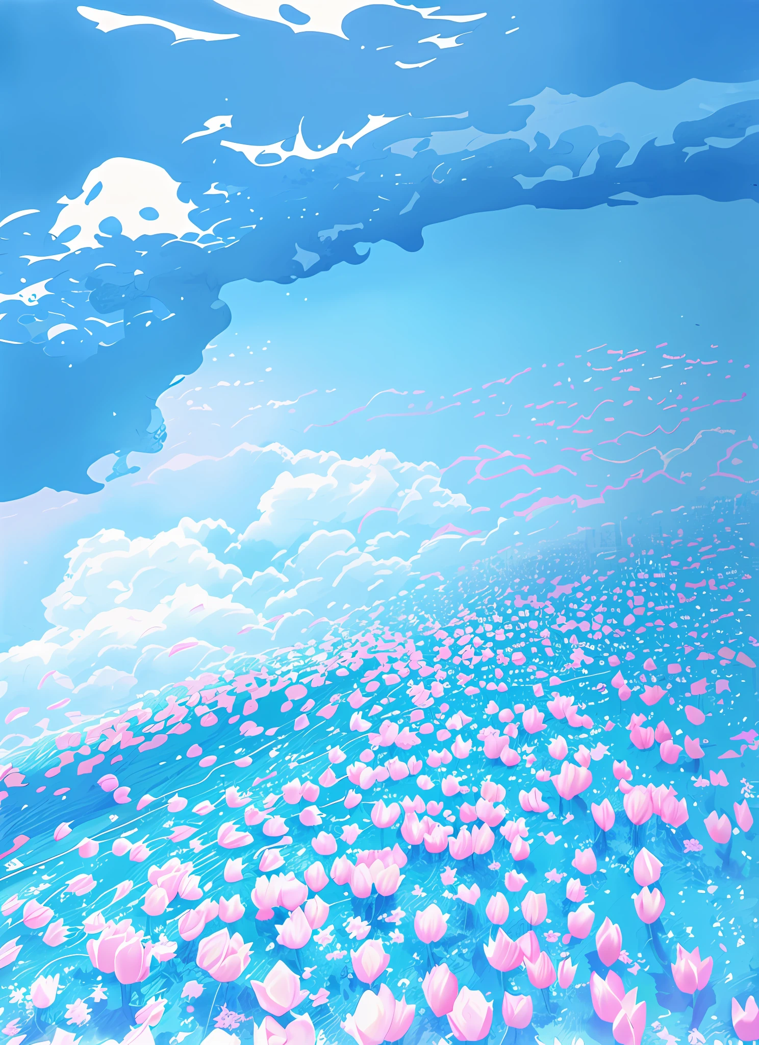 （tmasterpiece），（best qualtiy），Lots of tulips，An illustration， mostly cloudy sky，Tulips with bunny，KIDS ILLUSTRATION， Limited color palette，Lovely drawing style， Color guide，Graphic design，Carpet pattern