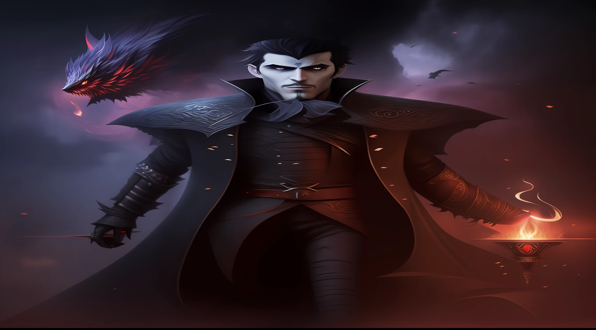 a man in a black coat and a red demon on a dark background, design de personagens de fantasia sombria, arte de estilo fantasia escura, no estilo da arte da fantasia sombria, vampiro macho, fantasy ttrpg villain, epic exquisite character art, vampiro masculino bonito, Senhor vampiro, portrait of a bloodborne hunter, arte de fantasia sombria, arte conceitual de fantasia sombria, feiticeiro masculino malvado