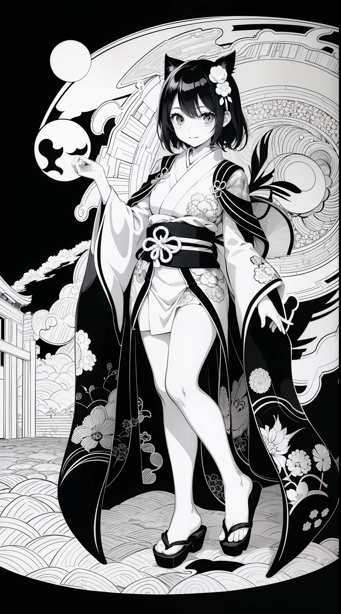 Japanese anime coloring pages in black and white for children. Easy to color for kids. Black and white cartoon japanese line art