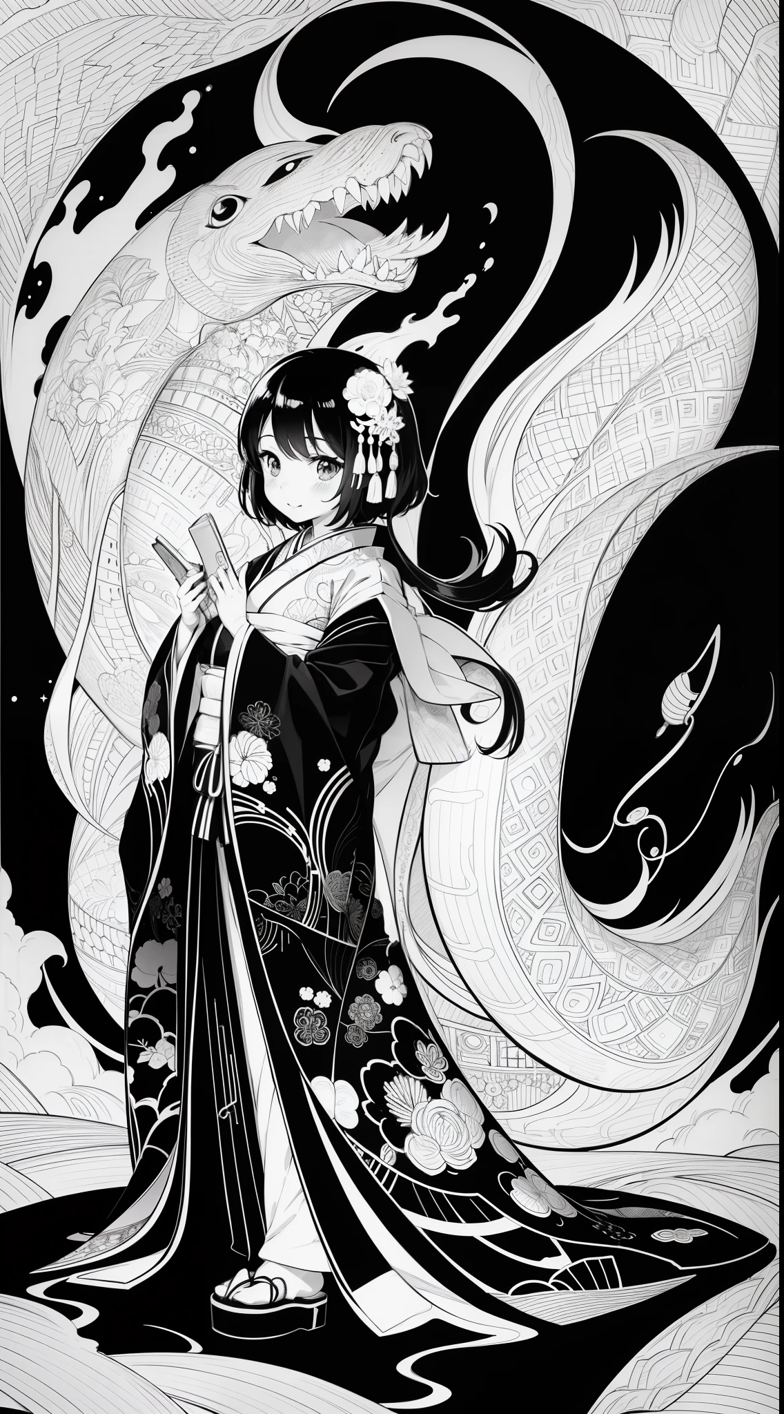 Japanese anime coloring pages in black and white for children. Easy to color for kids. Black and white cartoon japanese line art