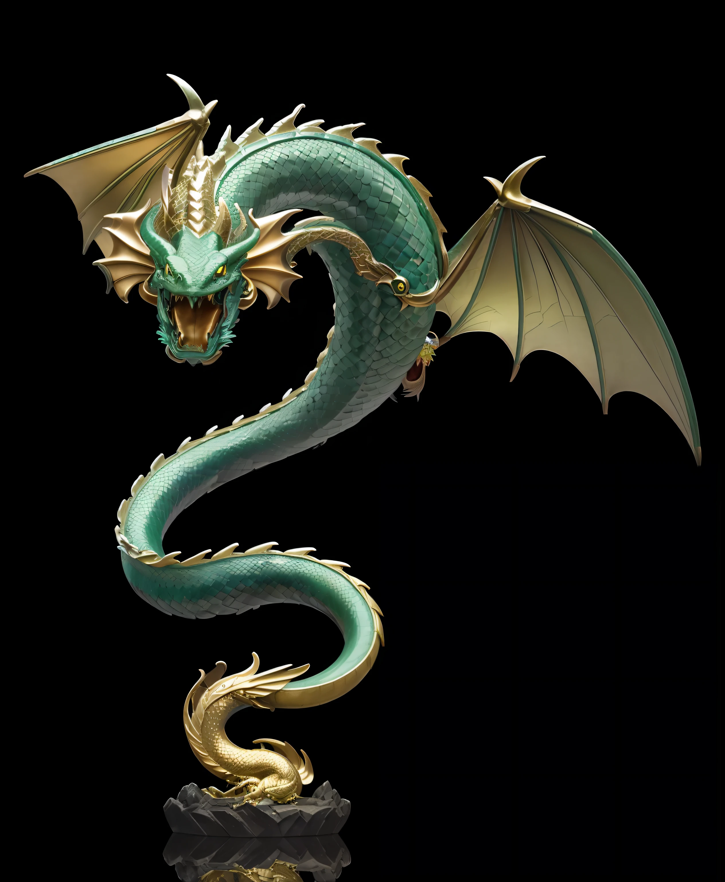 a closeup of a dragon statue on a black surface, cyan chinese dragon fantasy, dragon snake with wings, great mystical winged serpent, green dragon, large green dragon, massive green dragon!!!, A dragon statue made of jade, Criatura verde dourada, Chinese dragon concept art, but as an anthropomorphic dragon, colossal dragon as background