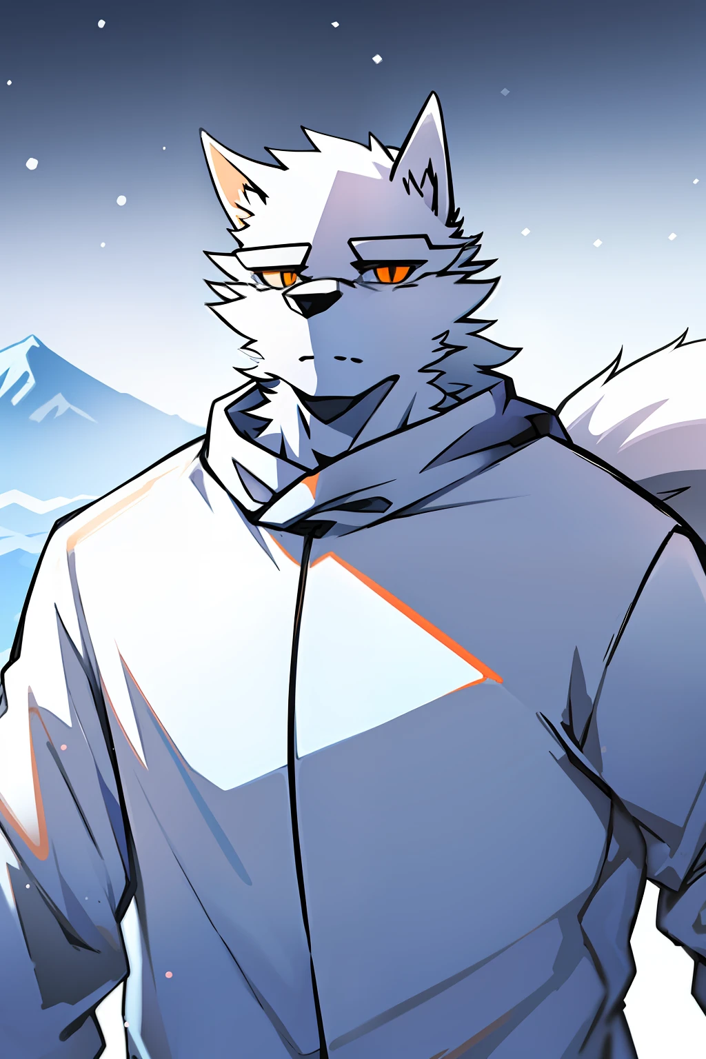 snow mountains,nevando,solo person,White body,White ears,White hair,Overall white,Orange-yellow eyes,Wolf tail,Wolf orcs,young,Wearing a down jacket,Ultra-clear screen,Soft lines