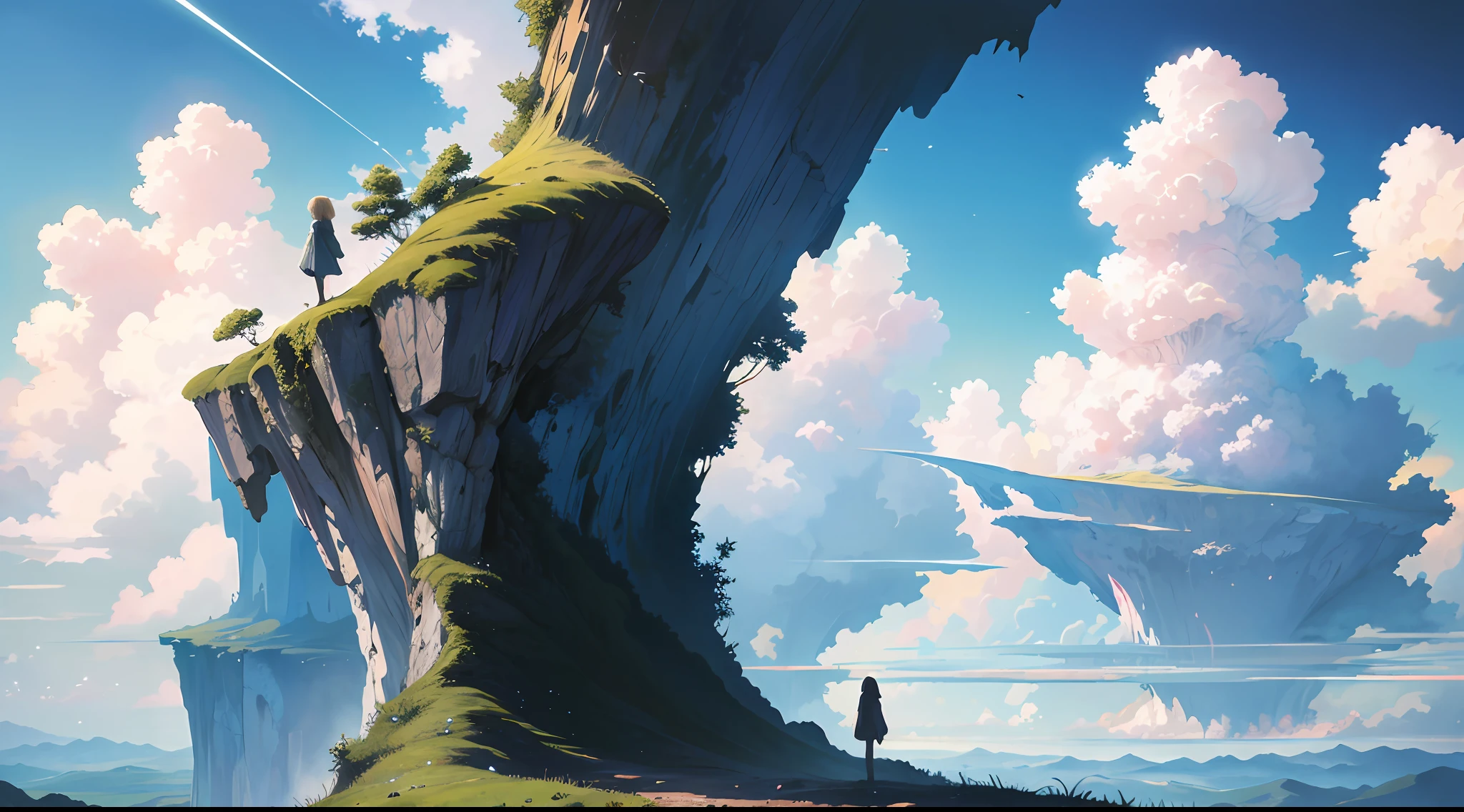 absurdres, highres, (official art, beautiful and aesthetic:1.2), close view,
shining sky, vast world, girl, gazing, awe-inspiring expression, distant horizon, clouds, high hill, natural beauty, inspiration, light effects,