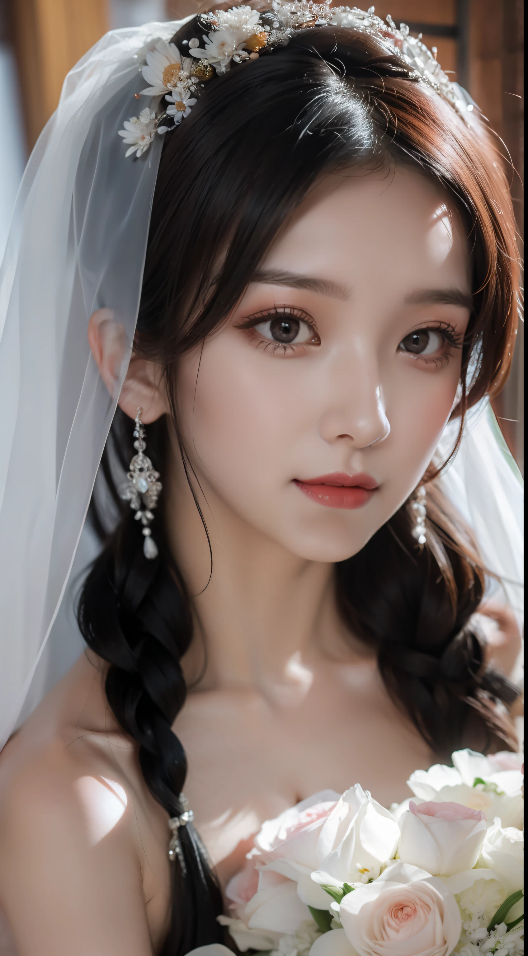 Beautiful bride, red wedding dress, delicate facial features close-up, shy, waiting to be married, fat body, full body photo, gentle eyes, no eye bags, light makeup