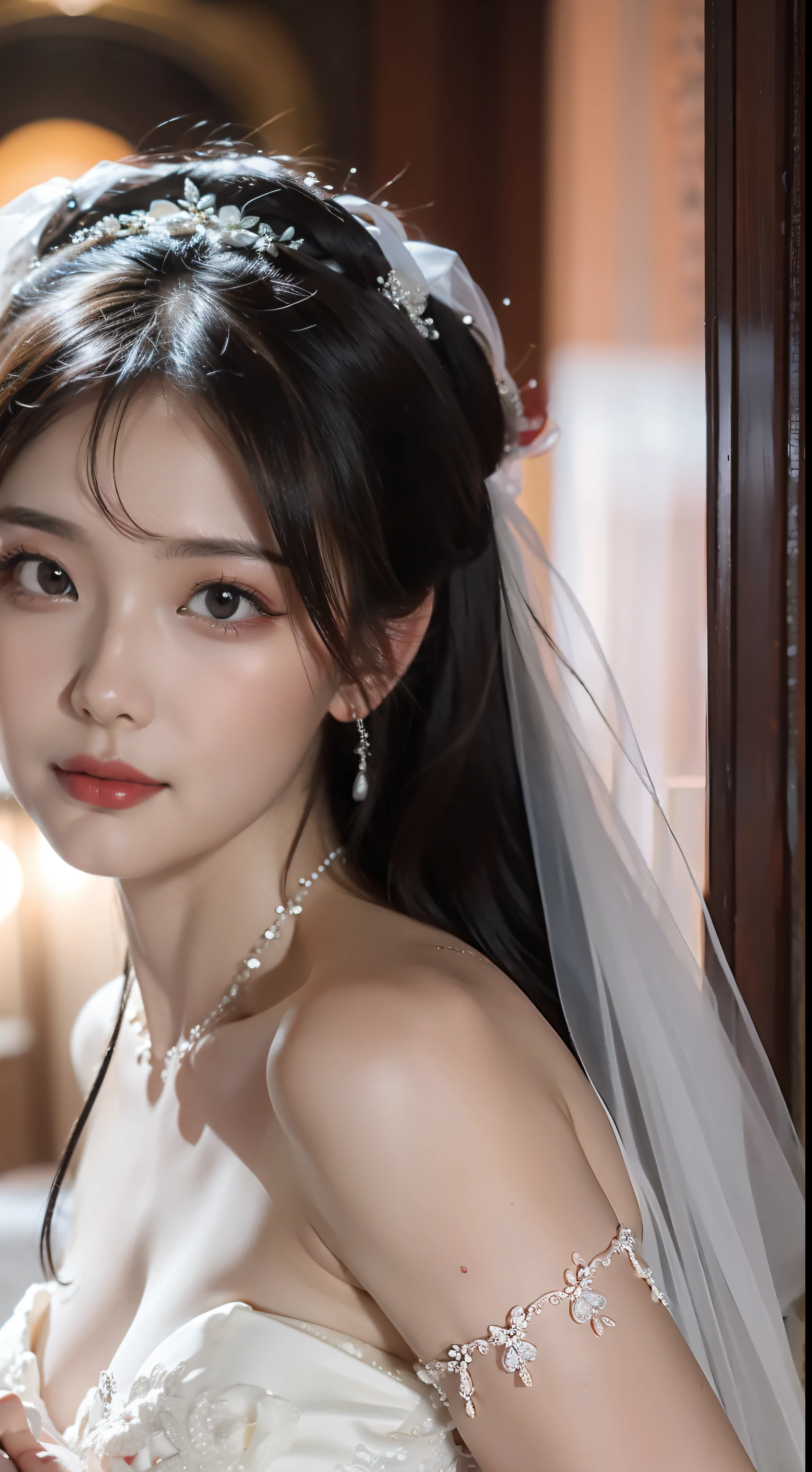 Beautiful bride, red wedding dress, delicate facial features close-up, shy, waiting to be married, fat body, full body photo, gentle eyes, no eye bags, light makeup