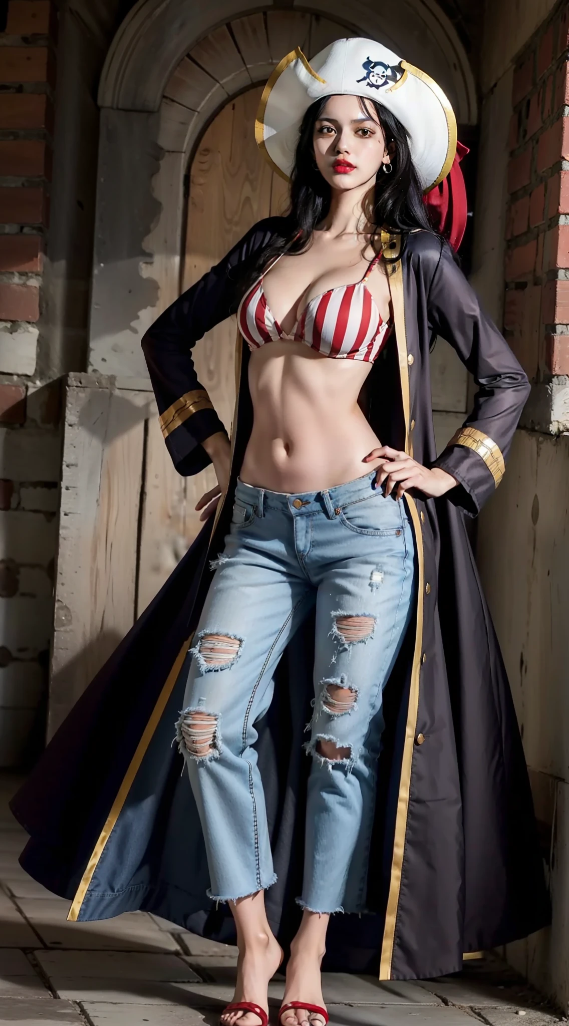 alvida from anime one piece, long hair, black hair, beautiful, beautiful girl, tall girl, perfect body, full body, slight smile, standing, striped shirt, wearing pirate robe, wearing hat, red lips, wearing jeans