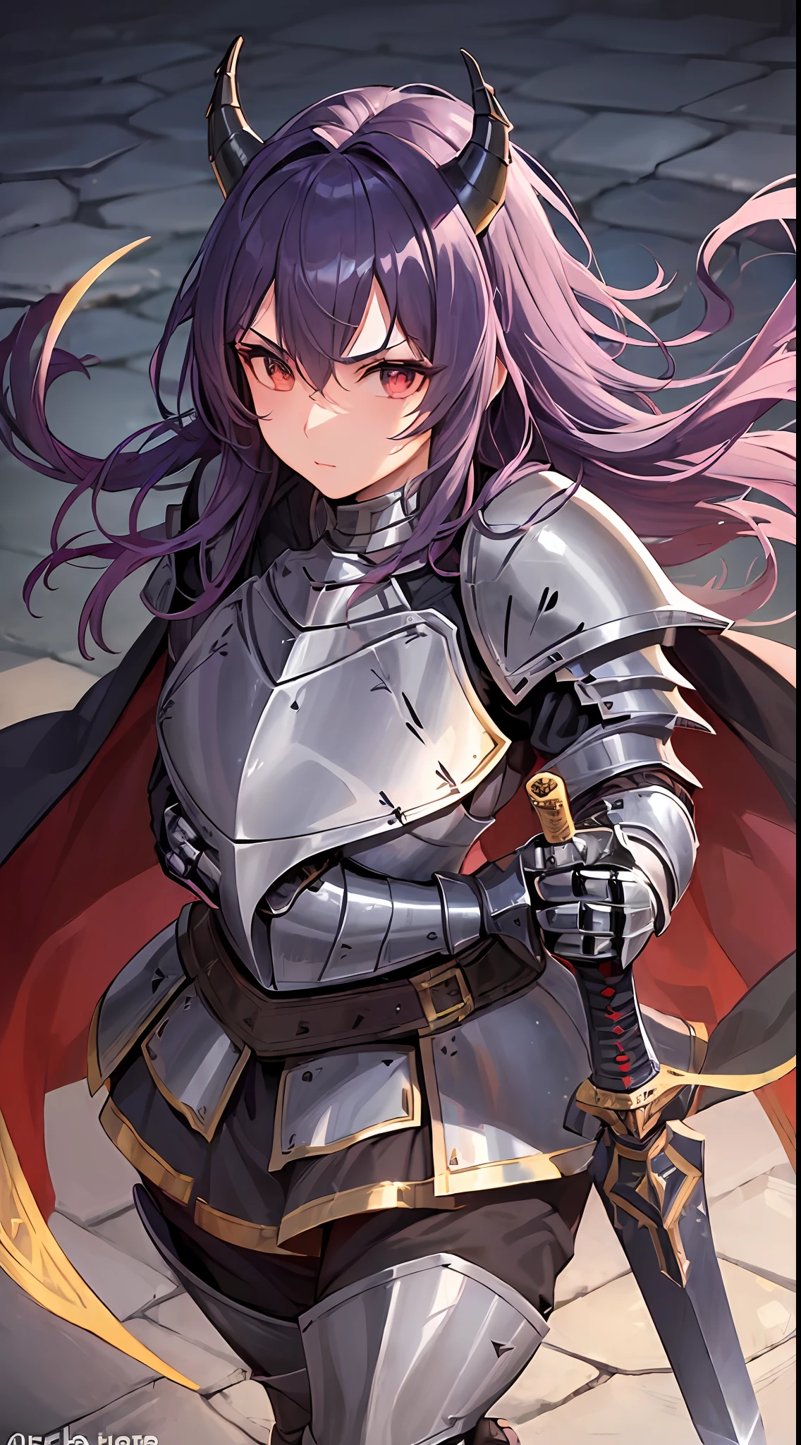 1girl, solo, armored boots, black stocking, skirt, masterpiece, best quality, realistic, hyper-detailed, (shiny skin:1.4), absurd, looking at viewer, long purple hair, blunt bang hairstyle, red calm eyes, demon horn, slender, dynamic lighting, high resolution, sharp focus, depth of field, (detailed eyes: 1.8), sharp pupils, realistic pupils, (armored knight:1.6), breast plate, wearing cape, armlet, (holding sword:1.6), knight, outdoor, sky
