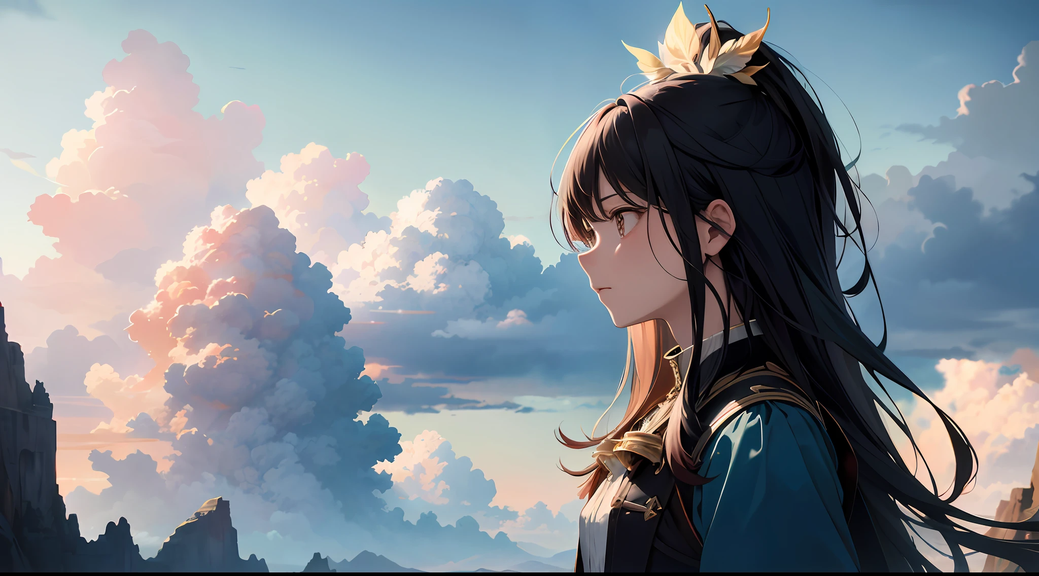 absurdres, highres, (official art, beautiful and aesthetic:1.2), close view,
shining sky, vast world, girl, gazing, awe-inspiring expression, distant horizon, clouds, high hill, natural beauty, inspiration, light effects,