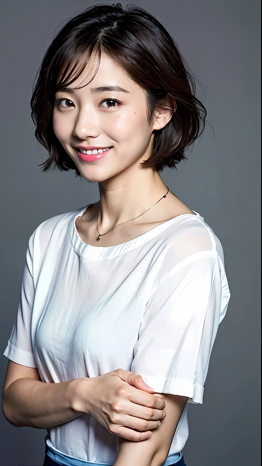 (top-quality、8k、32k、masterpiece、UHD:1.2)、Photo of a cute Japanese woman、tiny chest、very short bobbed hair、The upper part of the body、sface focus、shortsleeves、a necklace、simple background、From above、looking at the viewers、a smile