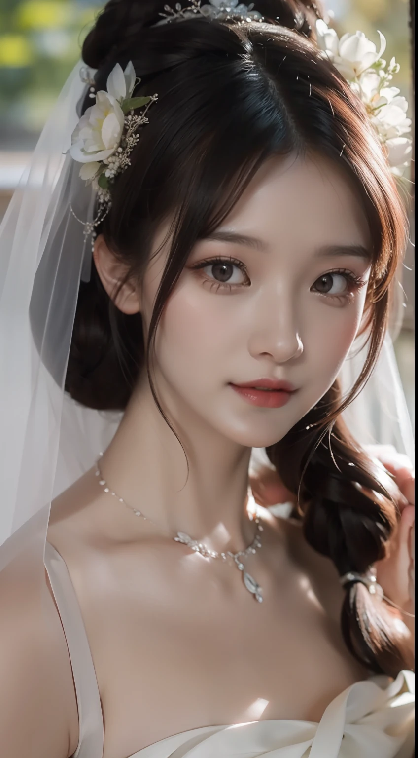 Beautiful bride, red wedding dress, delicate facial features close-up, shy, waiting to be married, fat body, full body photo, gentle eyes, no eye bags, light makeup