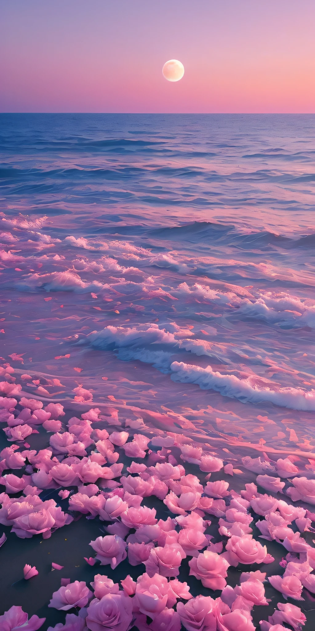 Pink moon, pink sky, soft pink clouds, pink ocean waves sparkling, sparkling, pink roses on pink ocean, fantasy, diamond, crown, universe, soft lights,