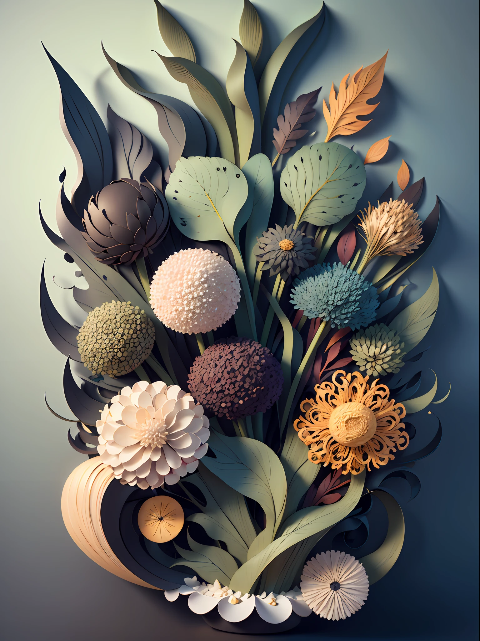 Surrounded by plants and seaweed,3D high relief image, High- sharpness, Seamless, aluminium, Color contrast.
