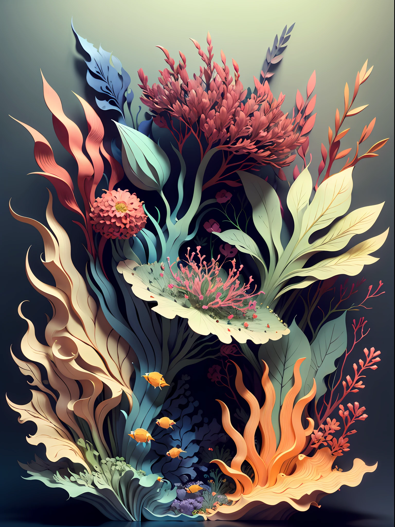 Surrounded by plants and seaweed,3D high relief image, High- sharpness, Seamless, aluminium, Color contrast.