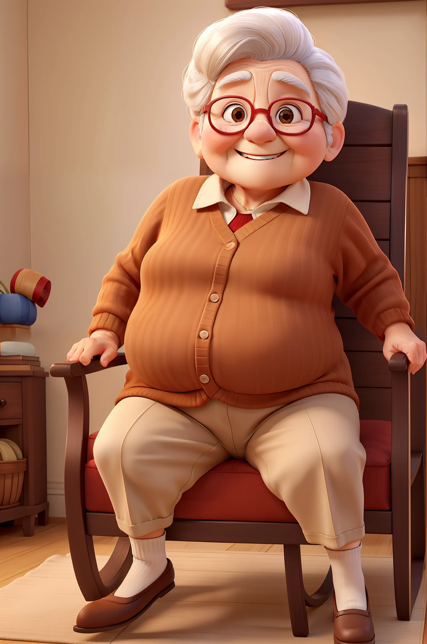 An old woman in a plain shirt and red sweater sits in a rocking chair,Full body photo,Happy smile,Fat Chubby,kind,tmasterpiece