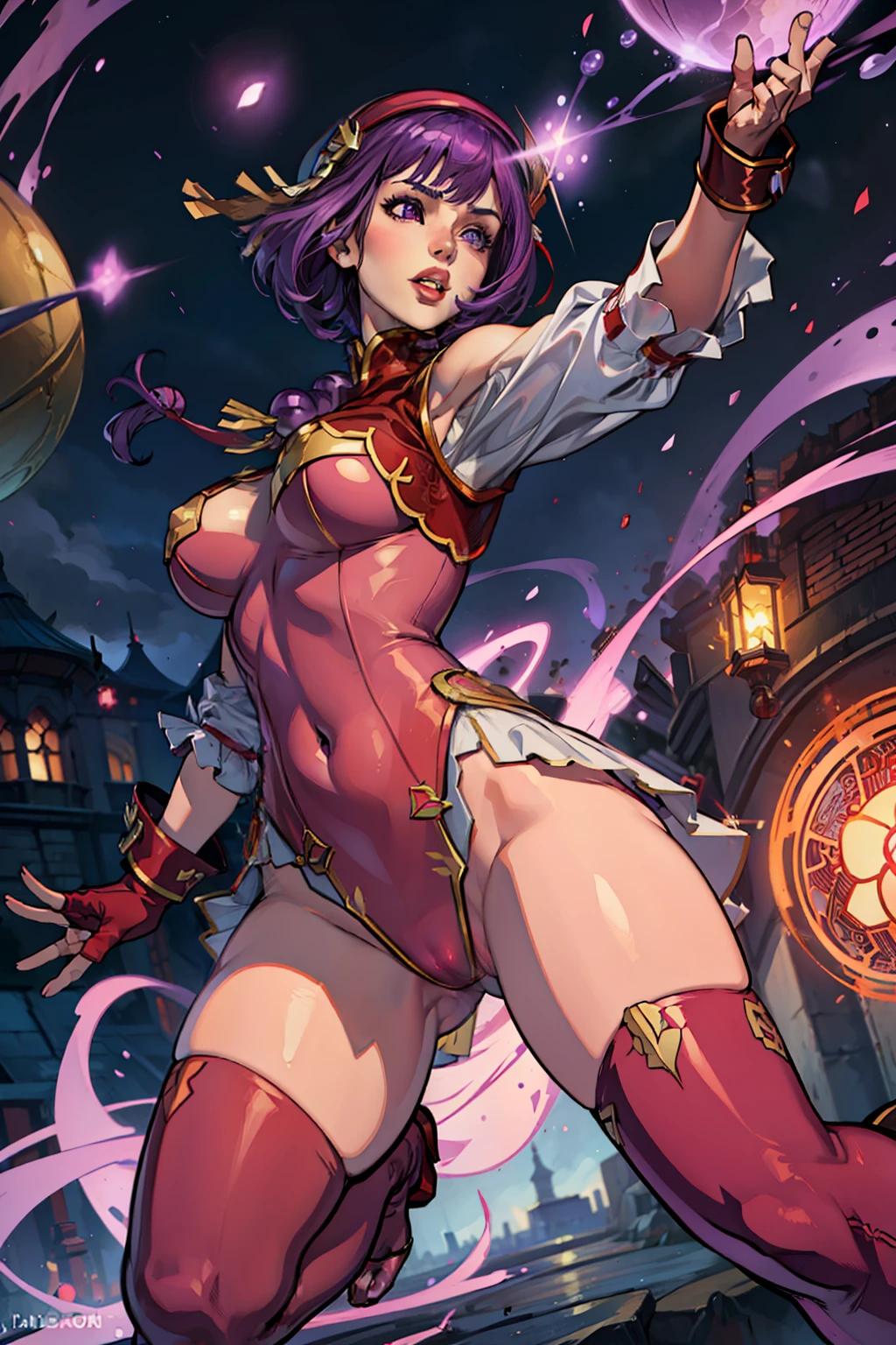 1girl, thick lips, solo, AthenaMS, purple hair, red clothes, chinese clothes, tatting, gloves, navel, bodysuit, thong, fingerless gloves, thighhighs, large breasts, blurry, blurry background, super heroine, psychic powers, power balls, levitation, dynamic pose, crotch