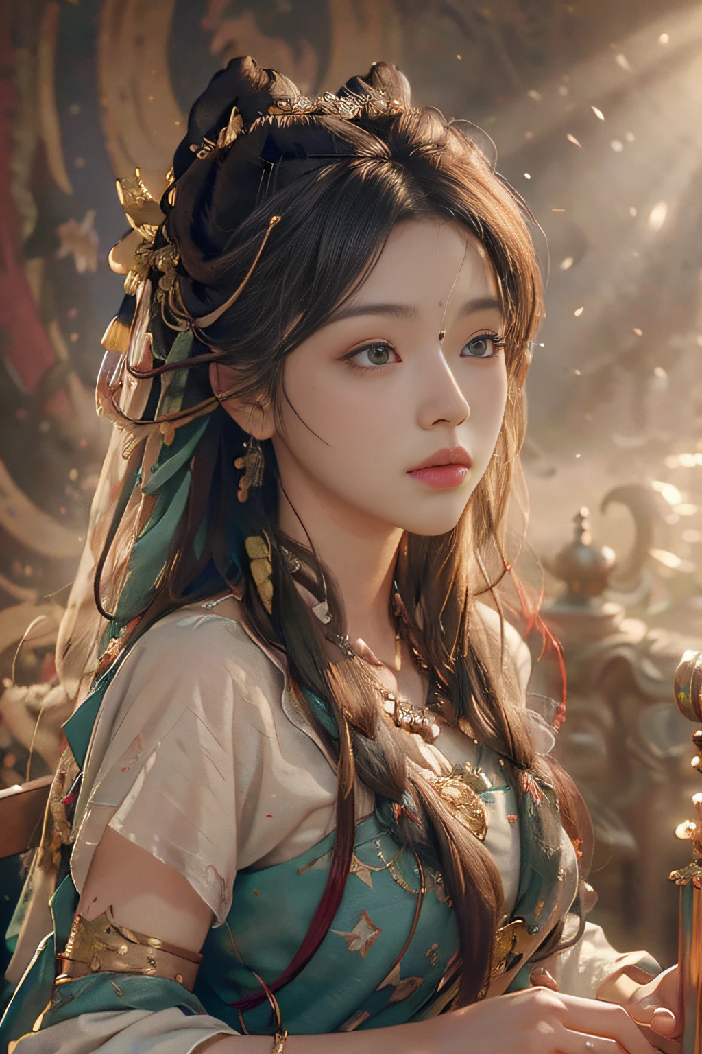 (RAW photo, best quality), (realistic, photo-realistic:1.3),best quality,highly detailed,masterpiece,ultra-detailed,illustration,1girl,upper_body,dynamic angle,world masterpiece theater,messy_long_hair,best quality,extremely detailed CG unity 8k wallpaper,ink,Amazing,cinematic lighting,lens_flare, dunhuang_style