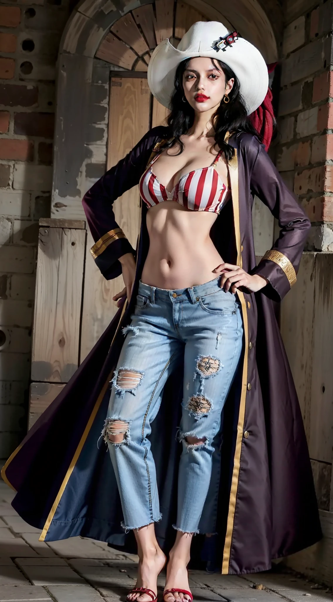 alvida from anime one piece, long hair, black hair, beautiful, beautiful girl, tall girl, perfect body, full body, slight smile, standing, striped shirt, wearing pirate robe, wearing hat, red lips, wearing jeans