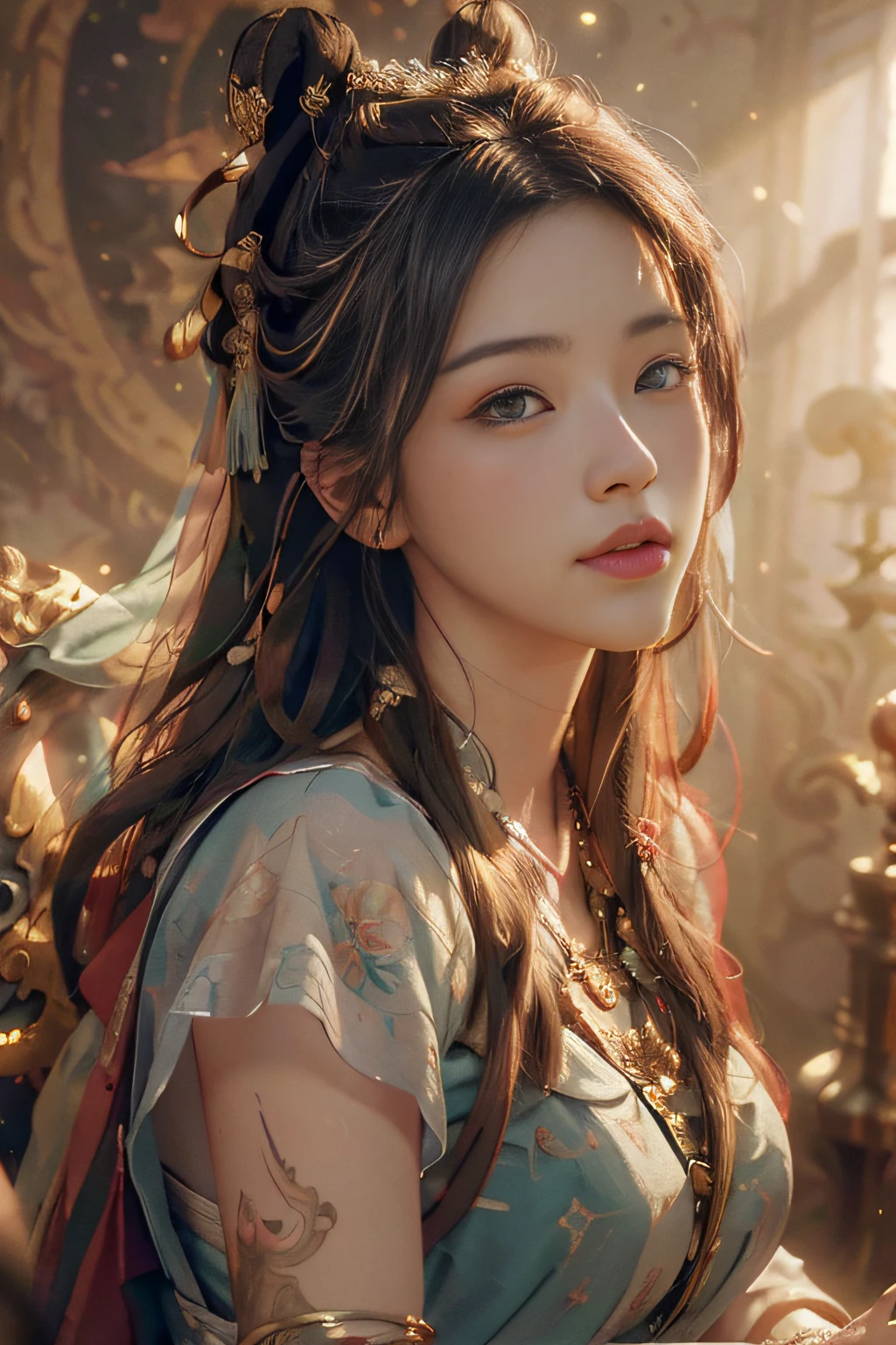 (RAW photo, best quality), (realistic, photo-realistic:1.3),best quality,highly detailed,masterpiece,ultra-detailed,illustration,1girl,upper_body,dynamic angle,world masterpiece theater,messy_long_hair,best quality,extremely detailed CG unity 8k wallpaper,ink,Amazing,cinematic lighting,lens_flare, dunhuang_style