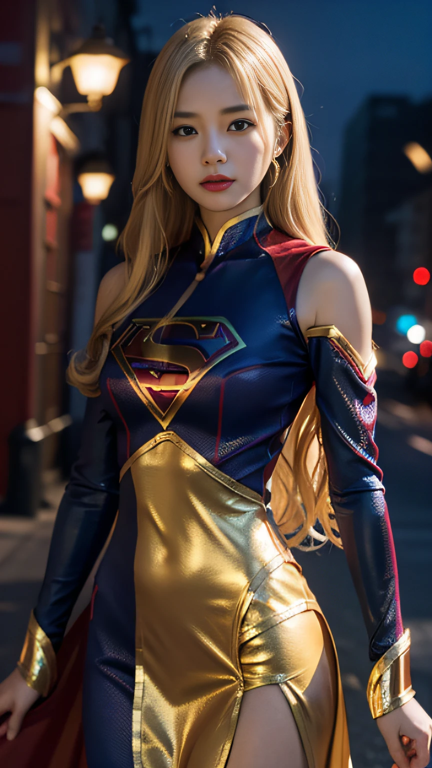 ChineseGirl,Supergirl costume dress,Long blonde hair,Detail lighting,k hd