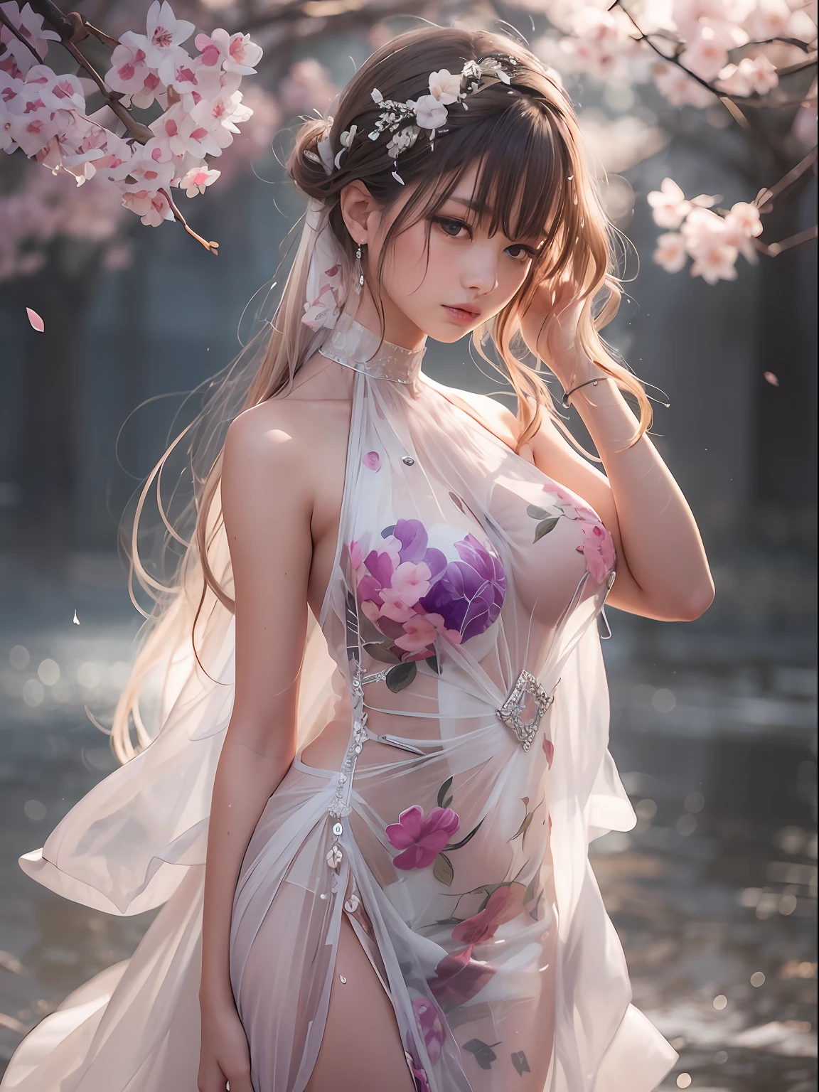 loose outfit、Show shoulders、How to wear a gown with a broken see-through halter neck、Decorated with intricate patterns and pastel colors、Transparent material that makes the skin shine、Artistic depiction of seductive woman in gown with wet thin cloth and transparent skin, Floral and fantastic pattern with flowing silky traditional see-through skin。Her dress draped elegantly around her curvaceous figure、Emphasizes her charming silhouette。She's a gentle fireworks night、Dynamic Posing、Sexy Posing、bathed in the soft glow of moonlight。The scene is、With a hint of mystery and sensuality、It exudes an ethereal dreamy atmosphere。The image style is、Incorporates a blend of watercolor and digital illustration techniques.、It makes you feel delicate beauty and charm。Soft moonlit lighting、Cast gentle highlights and shadows on her mesmerizing features。Dynamic Posing、Bold poses、The hand is somewhere、see -through、show through、A sexy、Wet hair、Wet、cherry trees、flower petals、cherryblossom、The cherry tree、Sakura blizzard、buried、Transparent skin、Wet clothes、Chest Pulling、Translucent clothes、Eau、nudde、2a person、
