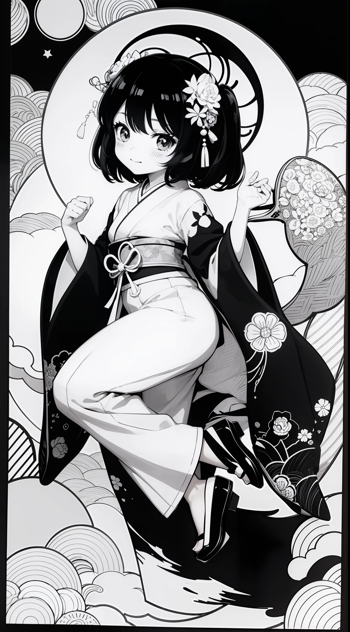 Japanese Anime Kawaii coloring pages in black and white for children. Easy to color for kids. Japanese line art