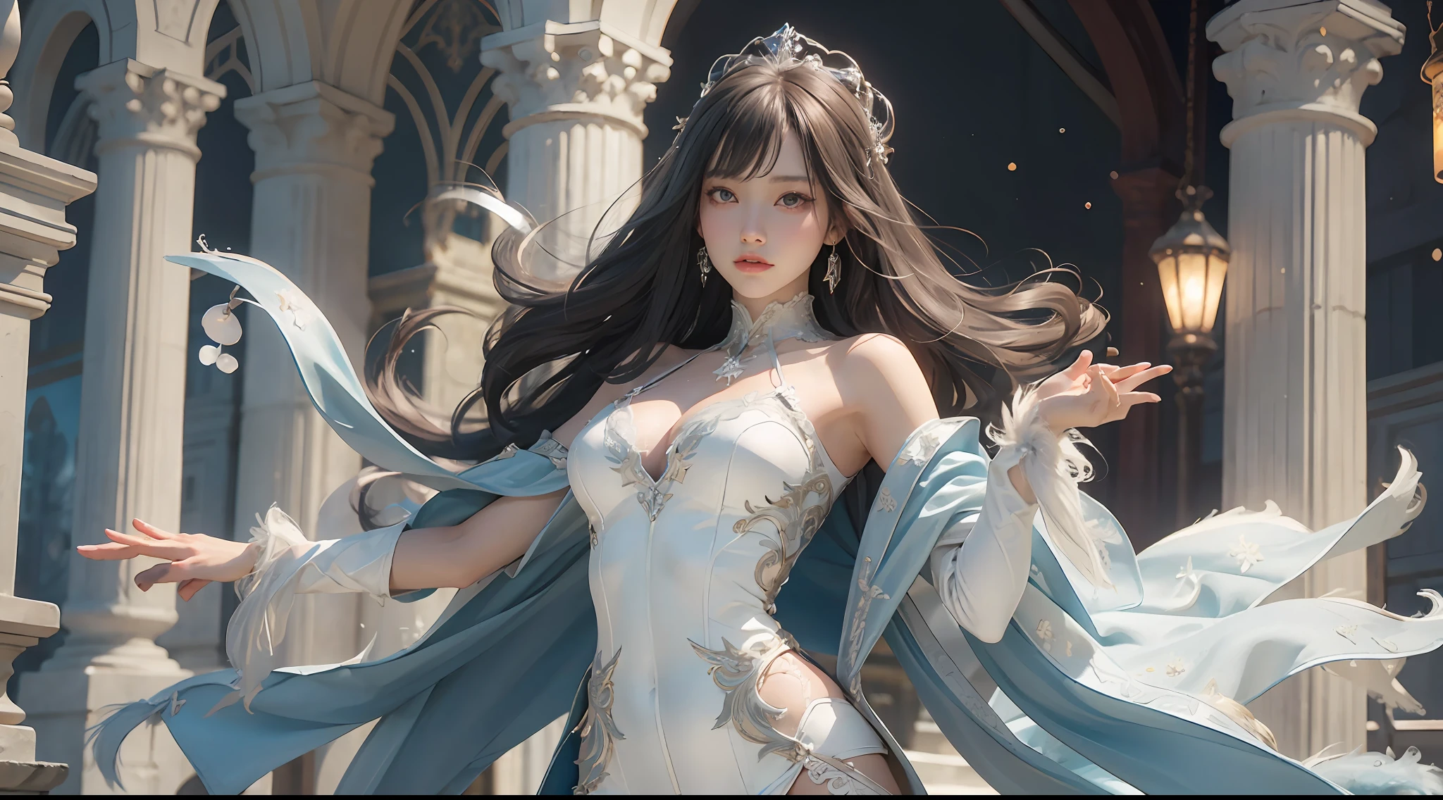 (Silvertone)Beautiful girl with long hair ,The beauty of a noble iceberg, Tall figure,beautifullegs,Wearing((Fur damask robe),((Ice blue)High-forked jumpsuit),leather pant,high-heels,((white colors)lacy stockings))),graceful stance,Snowflakes Snow and ice decoration,The palatial hall serves as a backdrop,8K high-definition,Highest image quality,extreme hight detail,High- sharpness,True skin texture,Crystal clear skin,Close-up of people,SLR Camera Shooting,movie level special effects,Enrich the picture。 (Exceptional detail,The lighting effect is outstanding,Vista wide angle),(Excellent rendering,Enough to stand out from the crowd)hdr(HighDynamicRange),Ray traching,NVIDIA RTX,Hyper-Resolution,Unreal 5,Subsurface scattering、PBR Texture、post-proces、Anisotropy Filtering、depth of fields、maximum definition and sharpness、Many-Layer Textures、Albedo e mapas Speculares、Surface coloring、Accurate simulation of light-material interactions、perfectly proportions、rendering by octane、Two-colored light、largeaperture、Low ISO、White balance、the rule of thirds、8K raw data、
