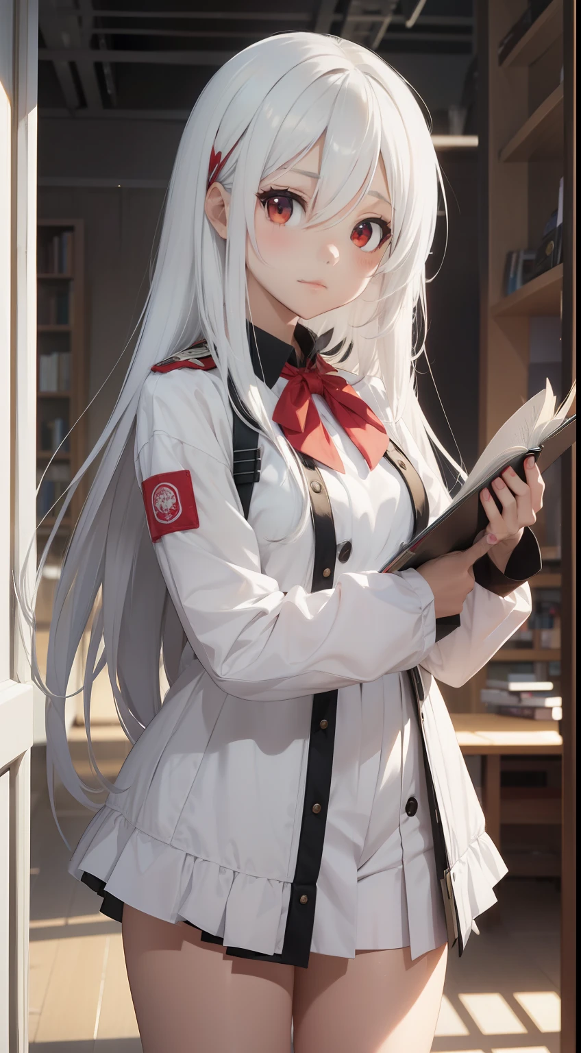 (Perfect white-haired girl + youth campus: 1.2), (anime girl + girl front style + anime visual + anime cute art style: 1.3), (long white hair + white hair + from girl front: 1.2), (one book + one book: 0.9), beautiful portrait, harmony fusion, rich picture detail, clarity, strong texture. White silk, long legs, red eyes