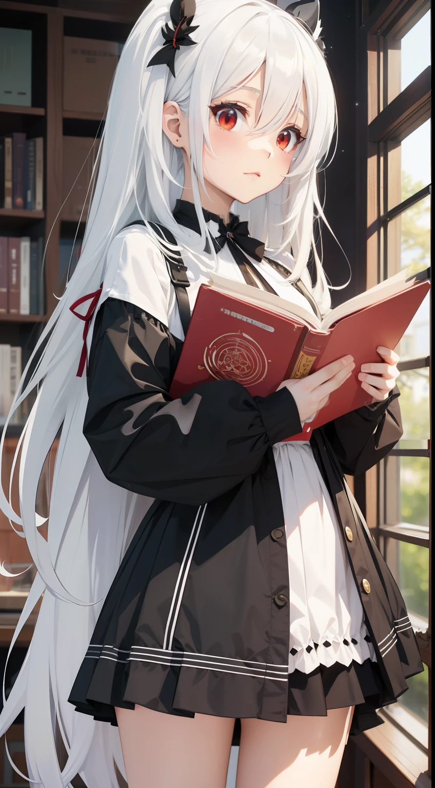 (Perfect white-haired girl + youth campus: 1.2), (anime girl + girl front style + anime visual + anime cute art style: 1.3), (long white hair + white hair + from girl front: 1.2), (one book + one book: 0.9), beautiful portrait, harmony fusion, rich picture detail, clarity, strong texture. White silk, long legs, red eyes