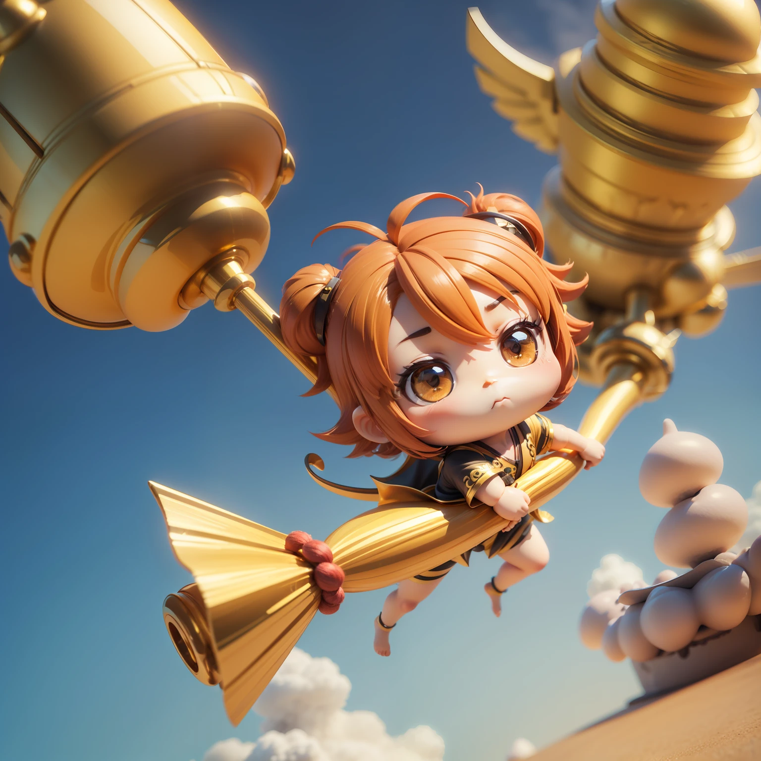 (((Chibi 3D)))an animated character🐒,Golden metal hair ornament on his head,Red and yellow Tang costume Han style,Have a long pole with decoration,Riding the clouds