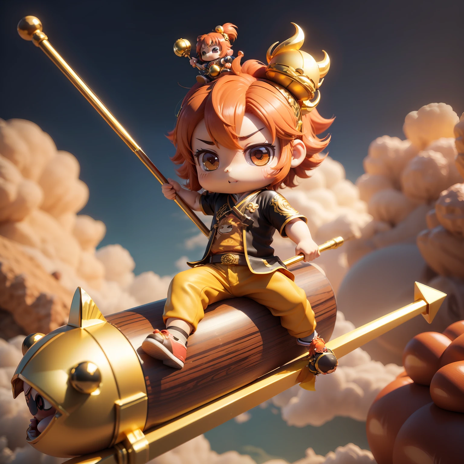 (((Chibi 3D)))an animated character🐒,Golden metal hair ornament on his head,Red and yellow Tang costume Han style,Have a long pole with decoration,Riding the clouds
